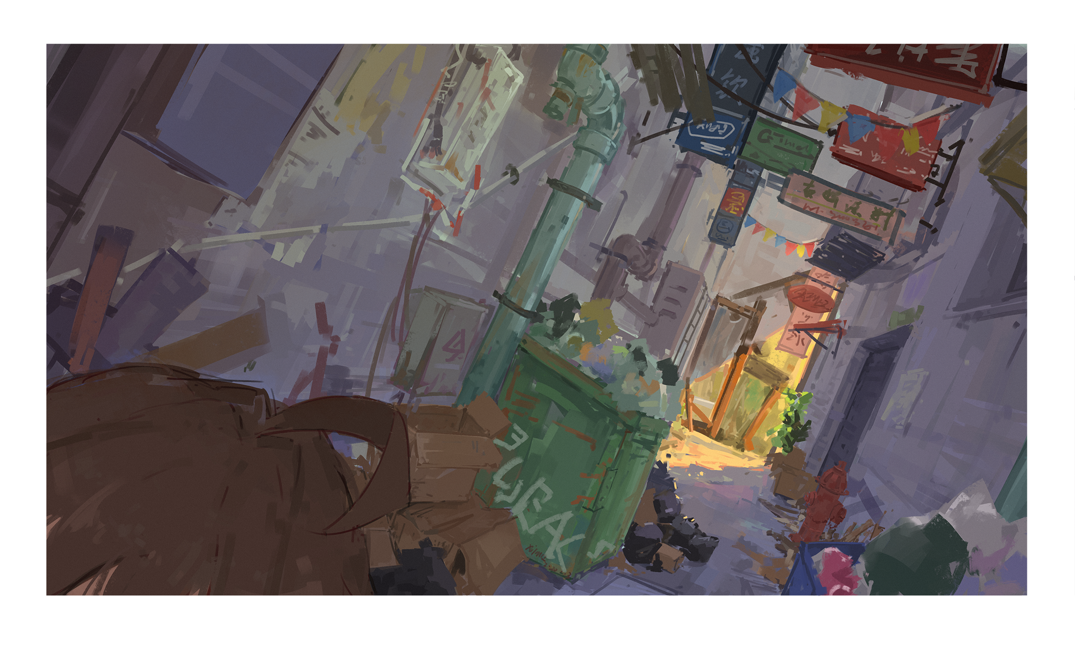 artwork, XilmO, alleyway, city, urban, digital art, trash HD Wallpaper