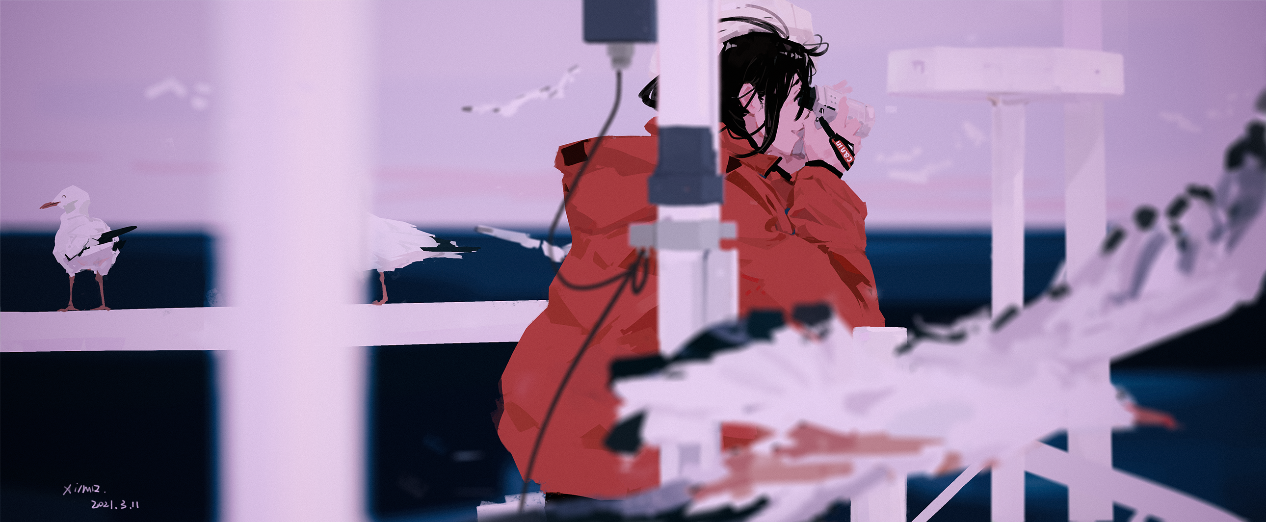 seagulls, XilmO, sea, anime, anime girls, red coat HD Wallpaper