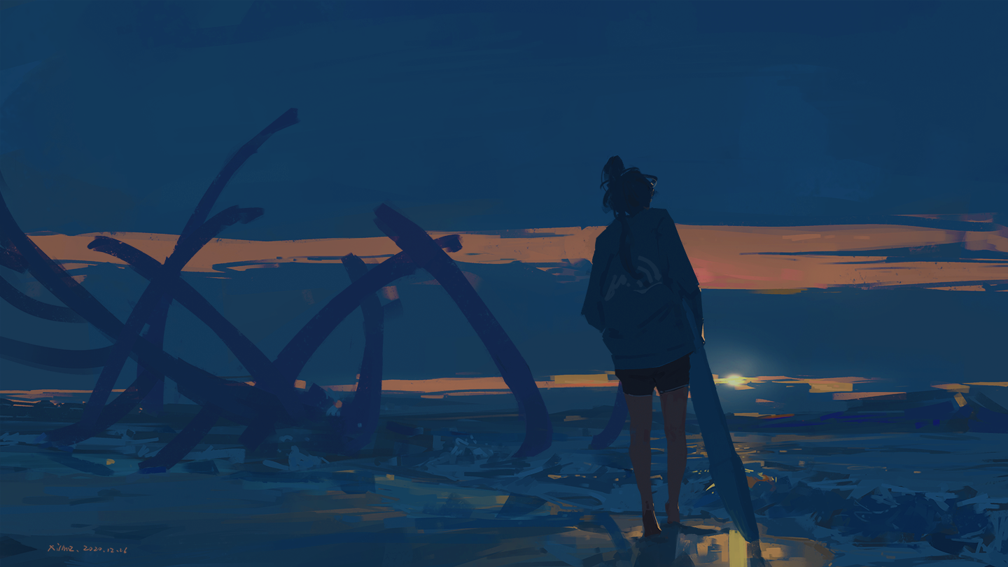 anime girls, XilmO, blue background, anime, sea HD Wallpaper
