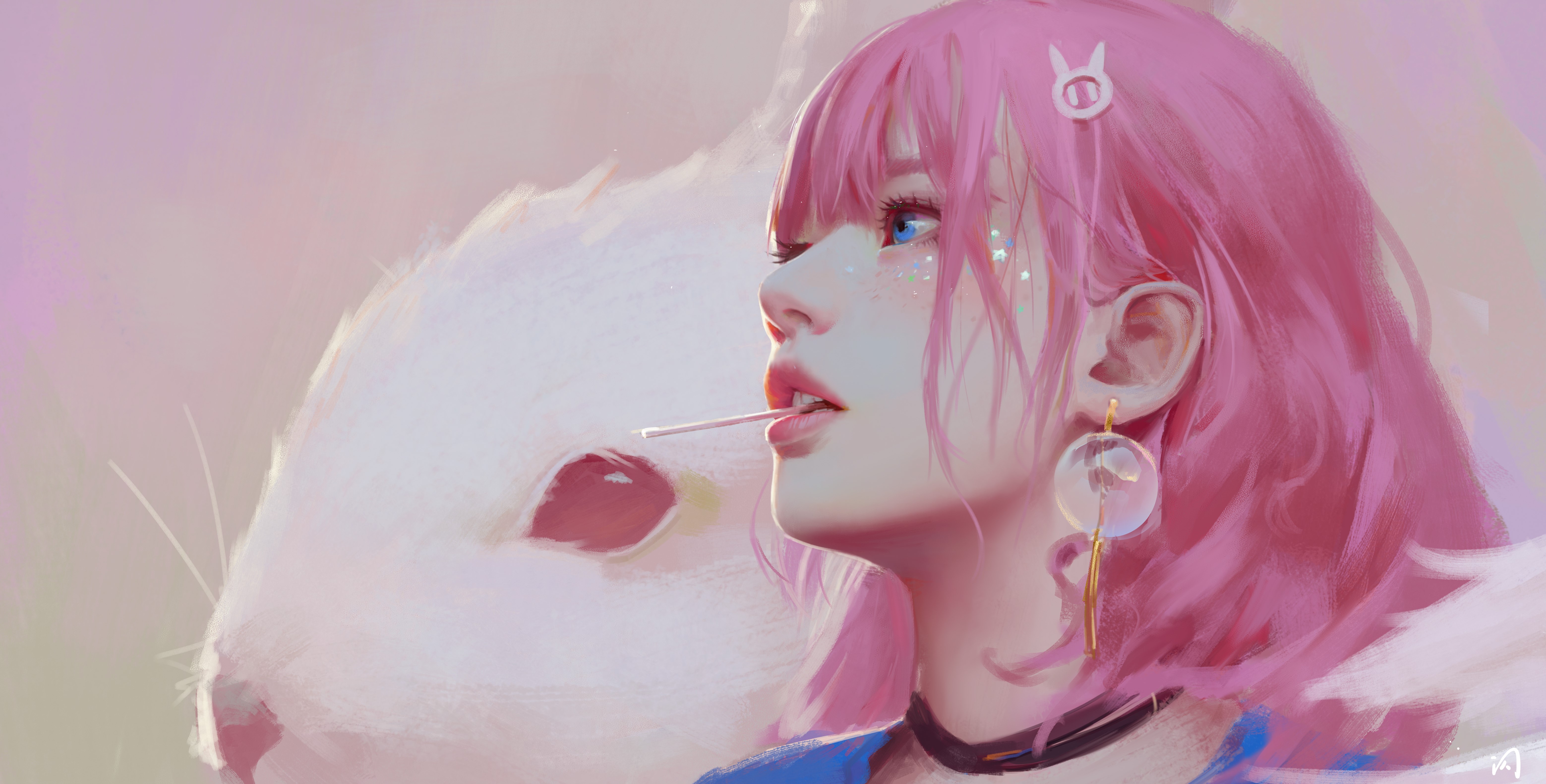 4K, anime, pink hair, women, blue eyes, earrings HD Wallpaper