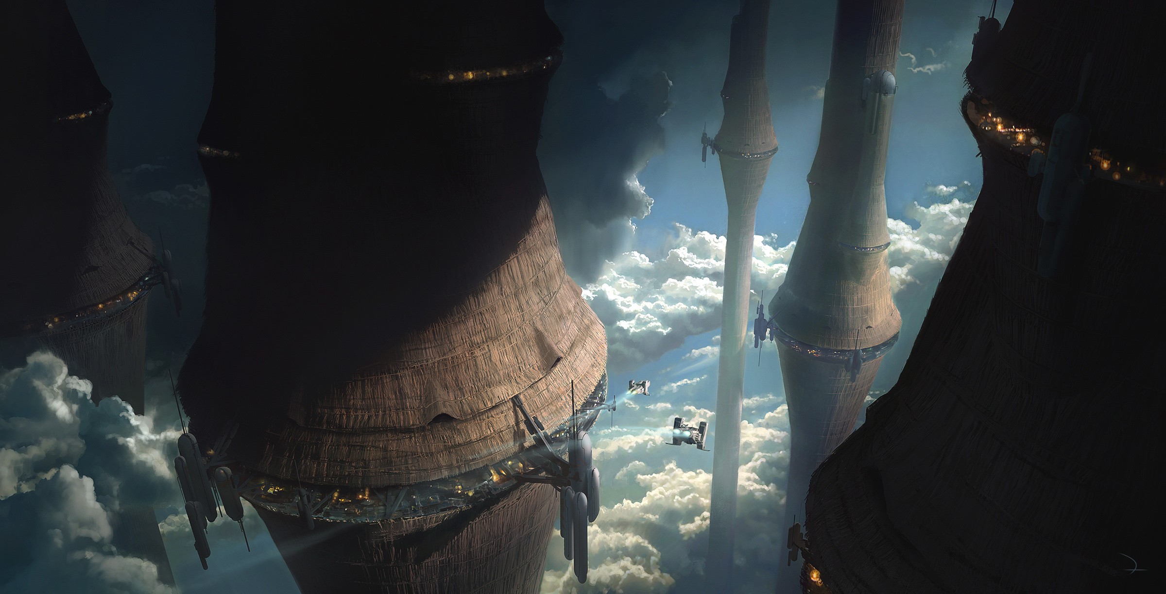clouds, Martin Deschambault, tower, spaceship, science fiction, digital art HD Wallpaper