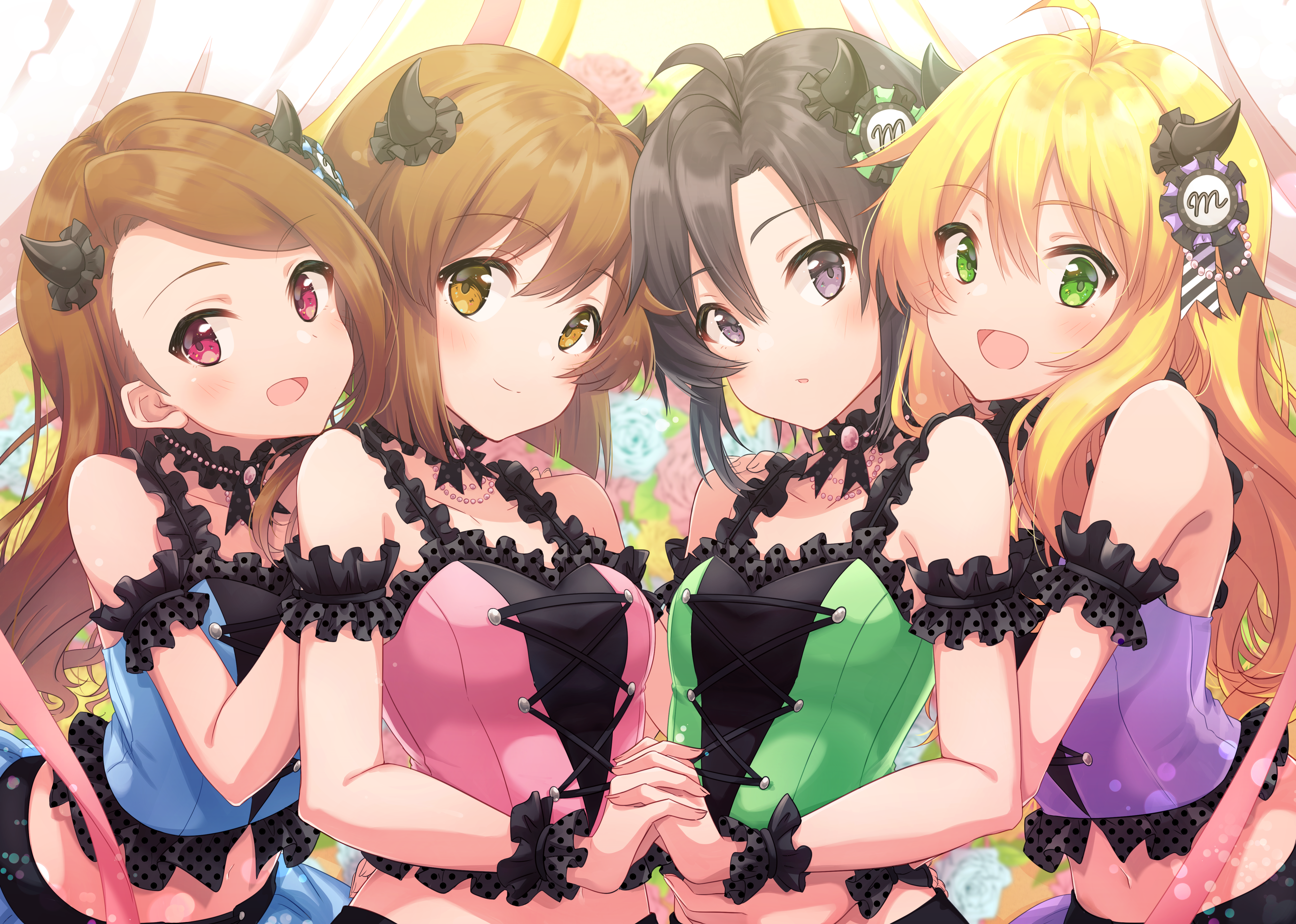 4K, Ayumi (artist), smiling, Hagiwara Yukiho, Kikuchi Makoto, Minase Iori, anime girls, Hoshii Miki, horns, THE HD Wallpaper