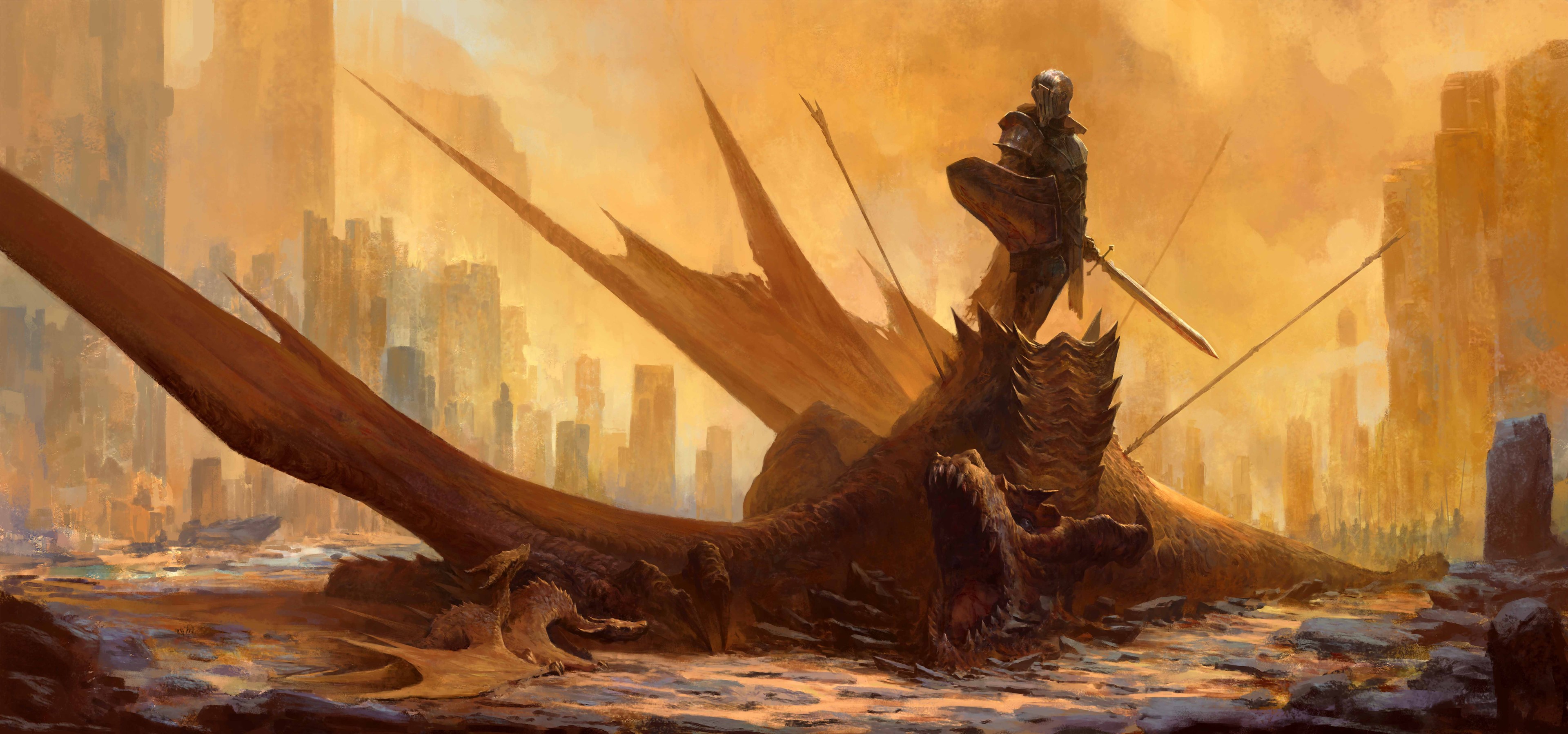 4K, fantasy art, dragon, artwork, knight HD Wallpaper