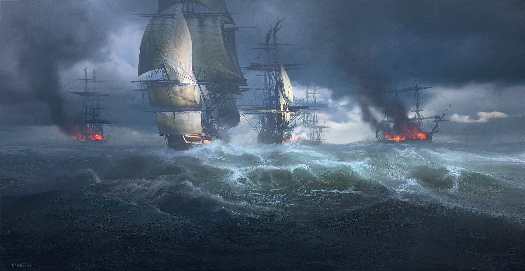 ocean battle, sailing ship, artwork, digital art, ship, rigging (ship), Marco Gorlei, sea HD Wallpaper