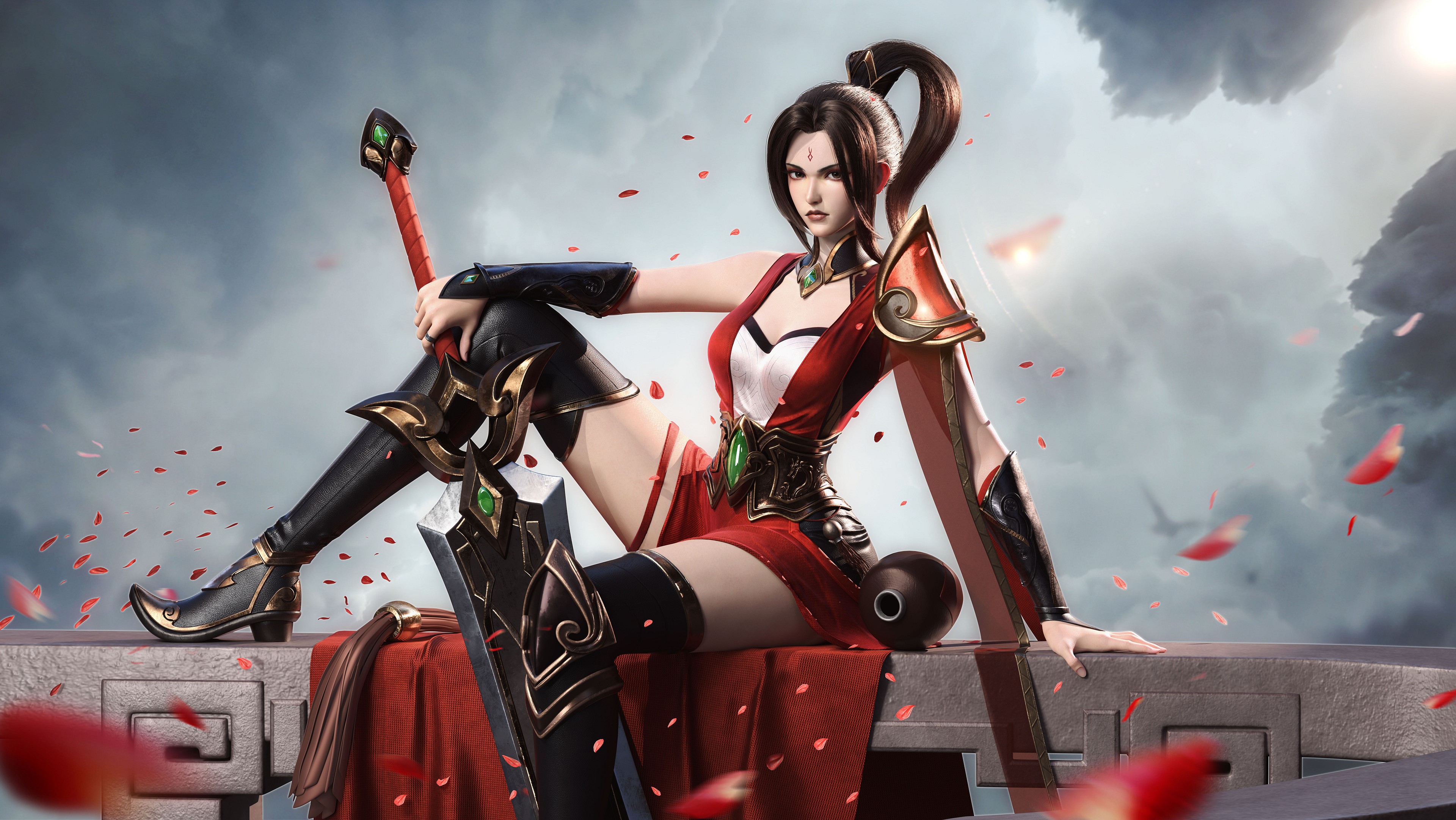 4K, ArtStation, women, Shengting Huang, sword, Asian, fantasy art, people, sitting, fantasy girl, looking at viewer, artwork HD Wallpaper
