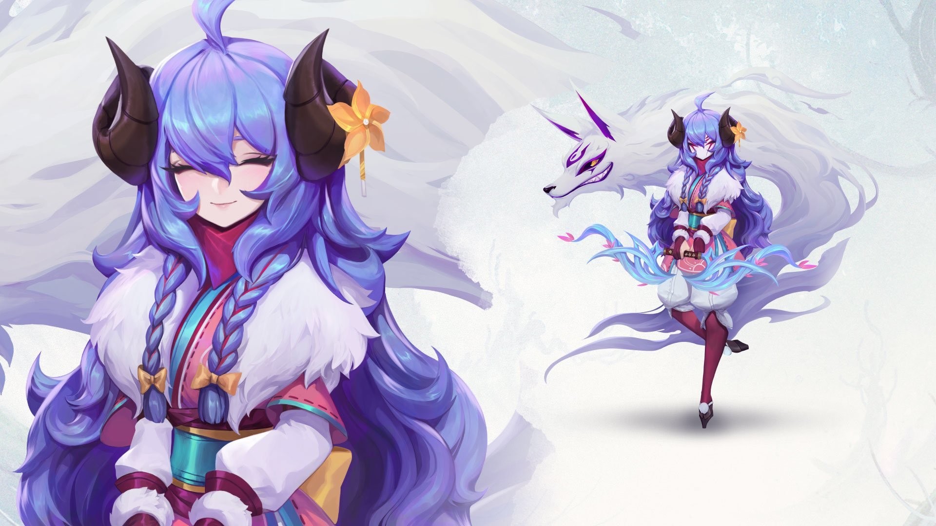 fantasy girl, PC gaming, League of Legends, spirit blossom, horns, video game girls, purple hair, closed eyes, video game art, fantasy art, long hair HD Wallpaper