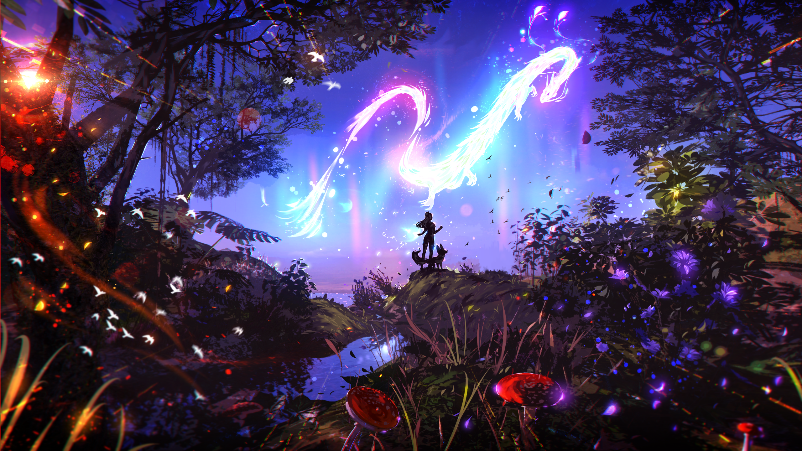 fox, bokeh, ryky, flowers, women, birds, mushroom, digital art, dragon, forest HD Wallpaper