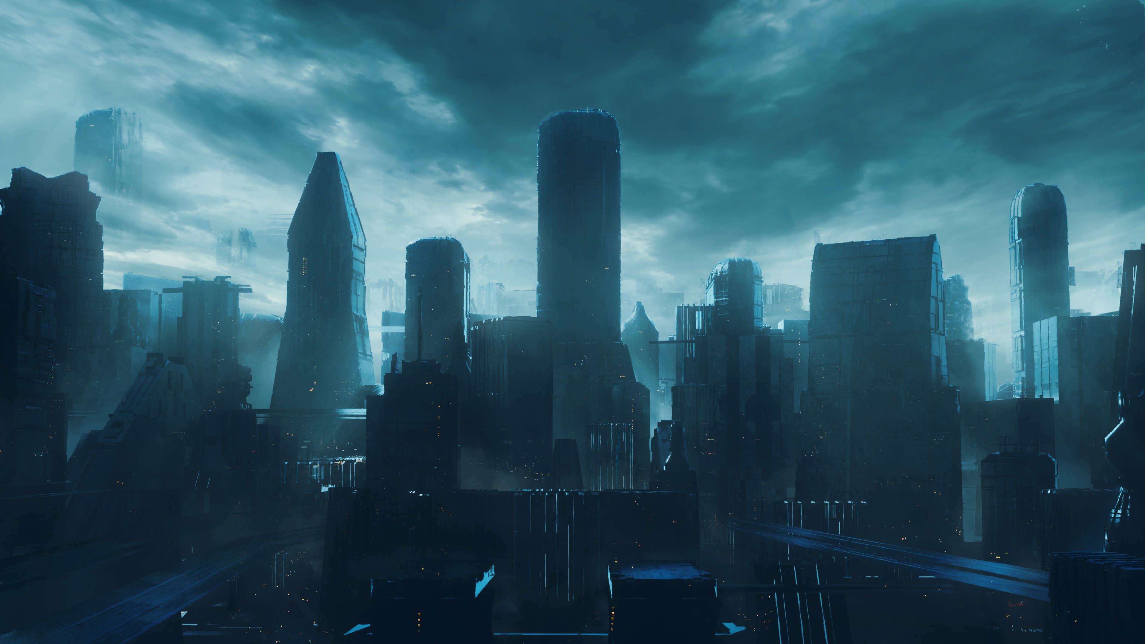 4K, Andrei Khrutskii, cityscape, futuristic city, skyscraper, digital art, science fiction HD Wallpaper