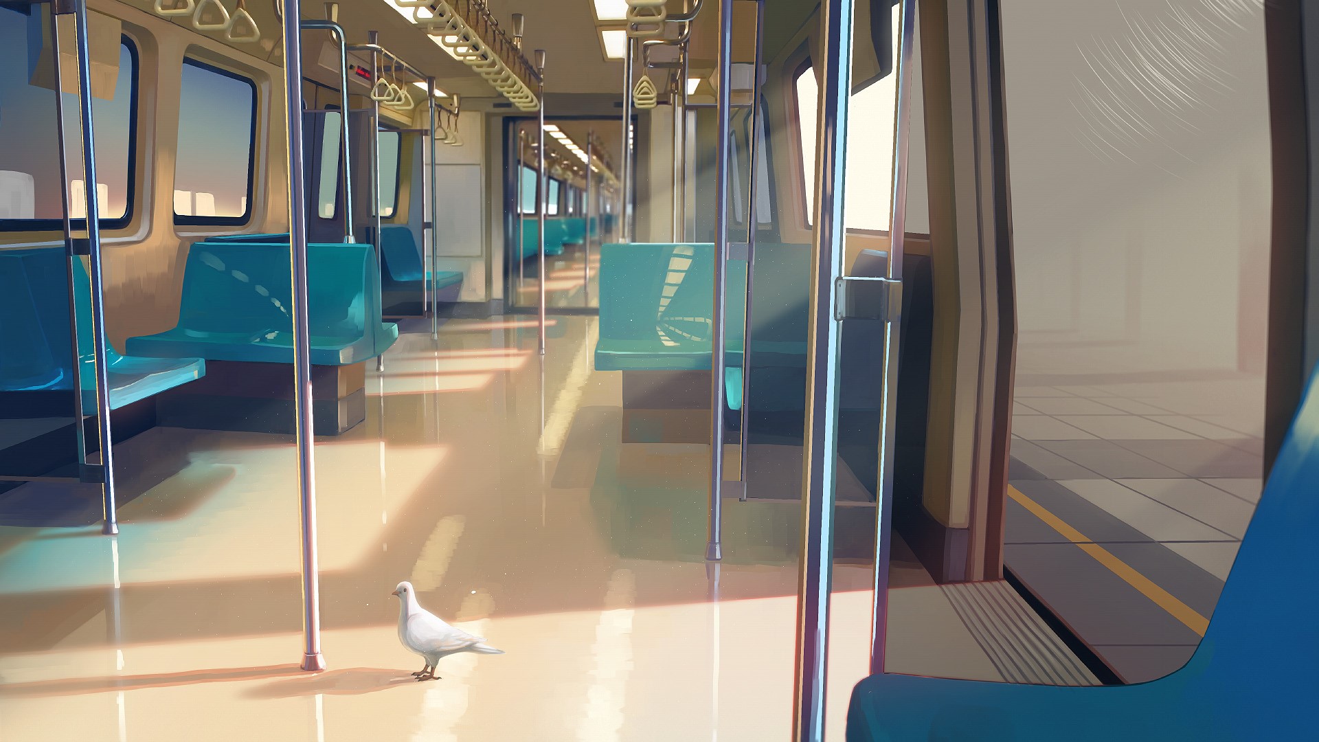 vofan, sunlight, metro, pigeons, anime HD Wallpaper