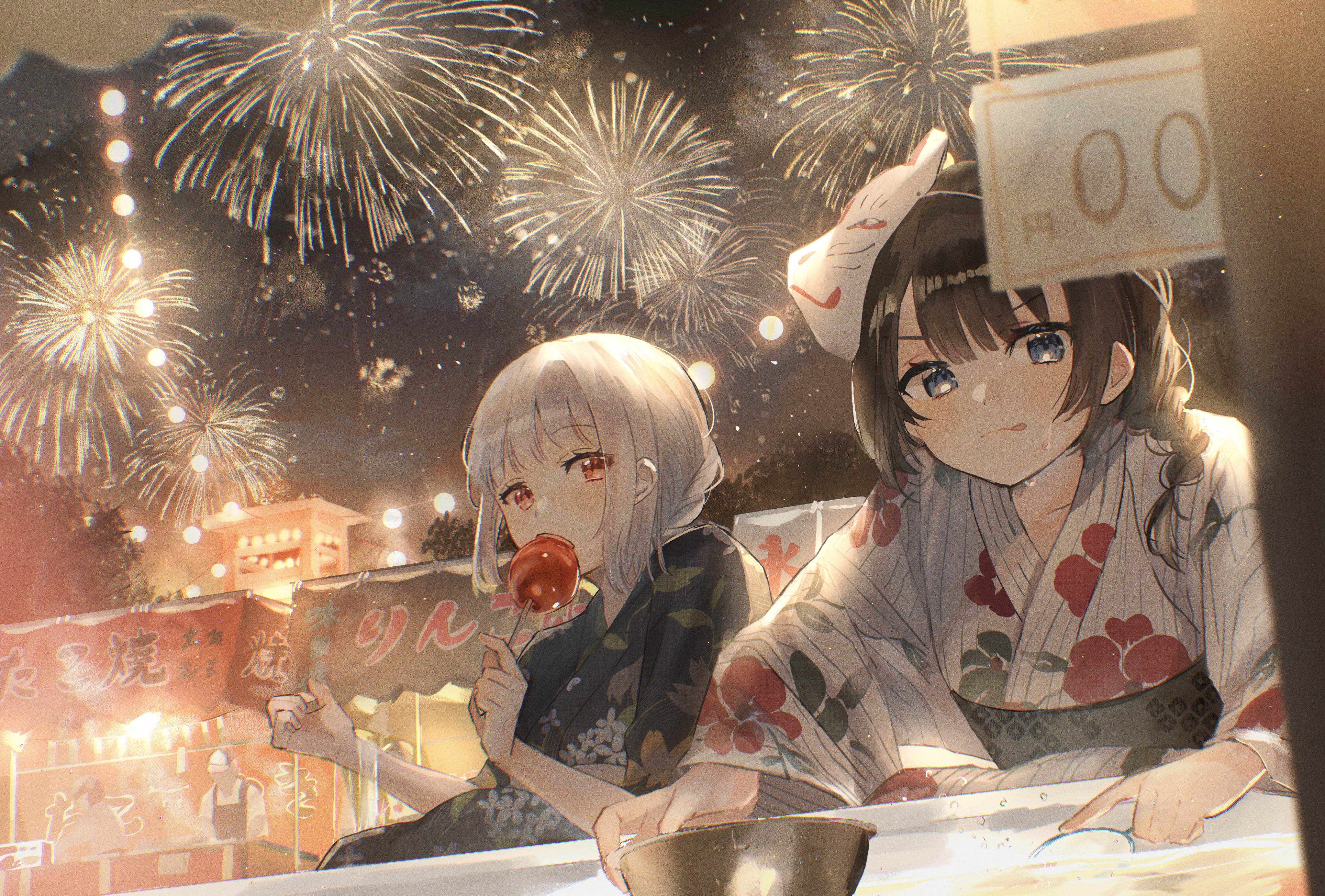 4K, night, anime girls, fireworks, dark hair, Japanese clothes, blue eyes, anime, Oyuyu, licking lips, silver hair, red eyes, sweets HD Wallpaper