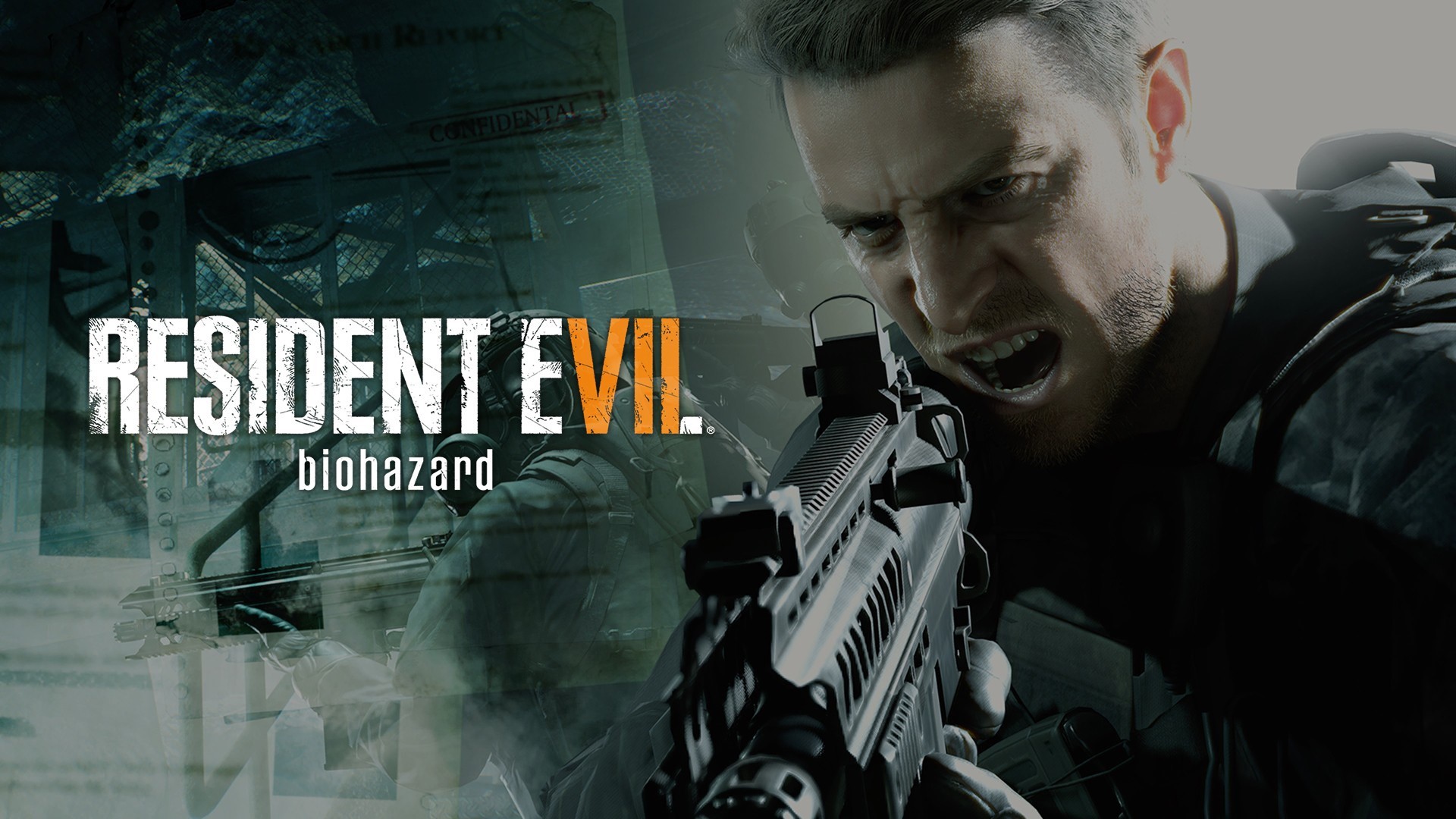 Video Game Horror, biohazard, resident evil 7, open mouth, screaming, video games, Chris Redfield, face, black rifle, beards, DLC, assault rifle, Not a Hero, beard, video game man, video game characters, zombies, Resident Evil HD Wallpaper