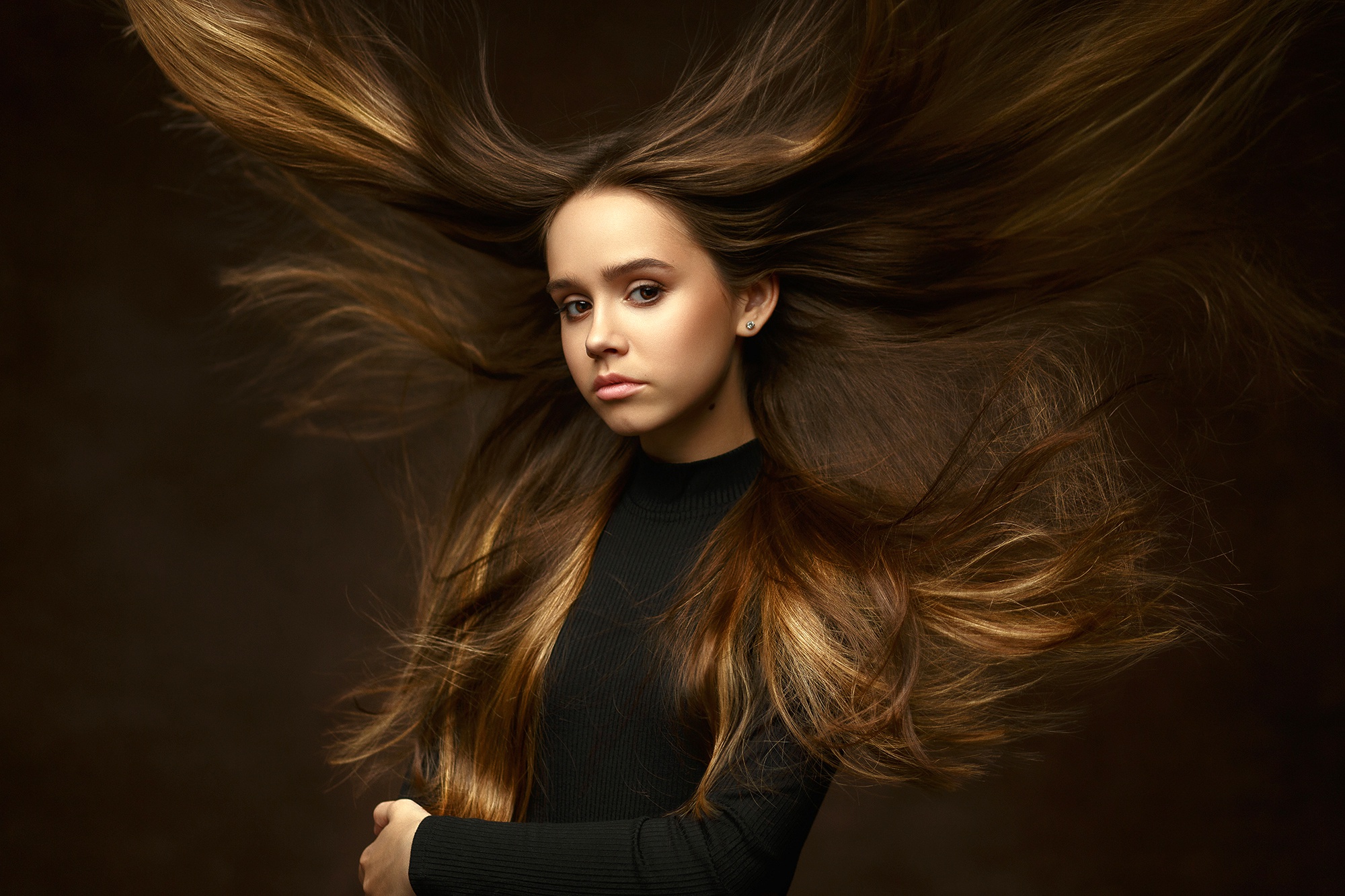 Brunette Model with Flowing Long Hair HD Wallpaper