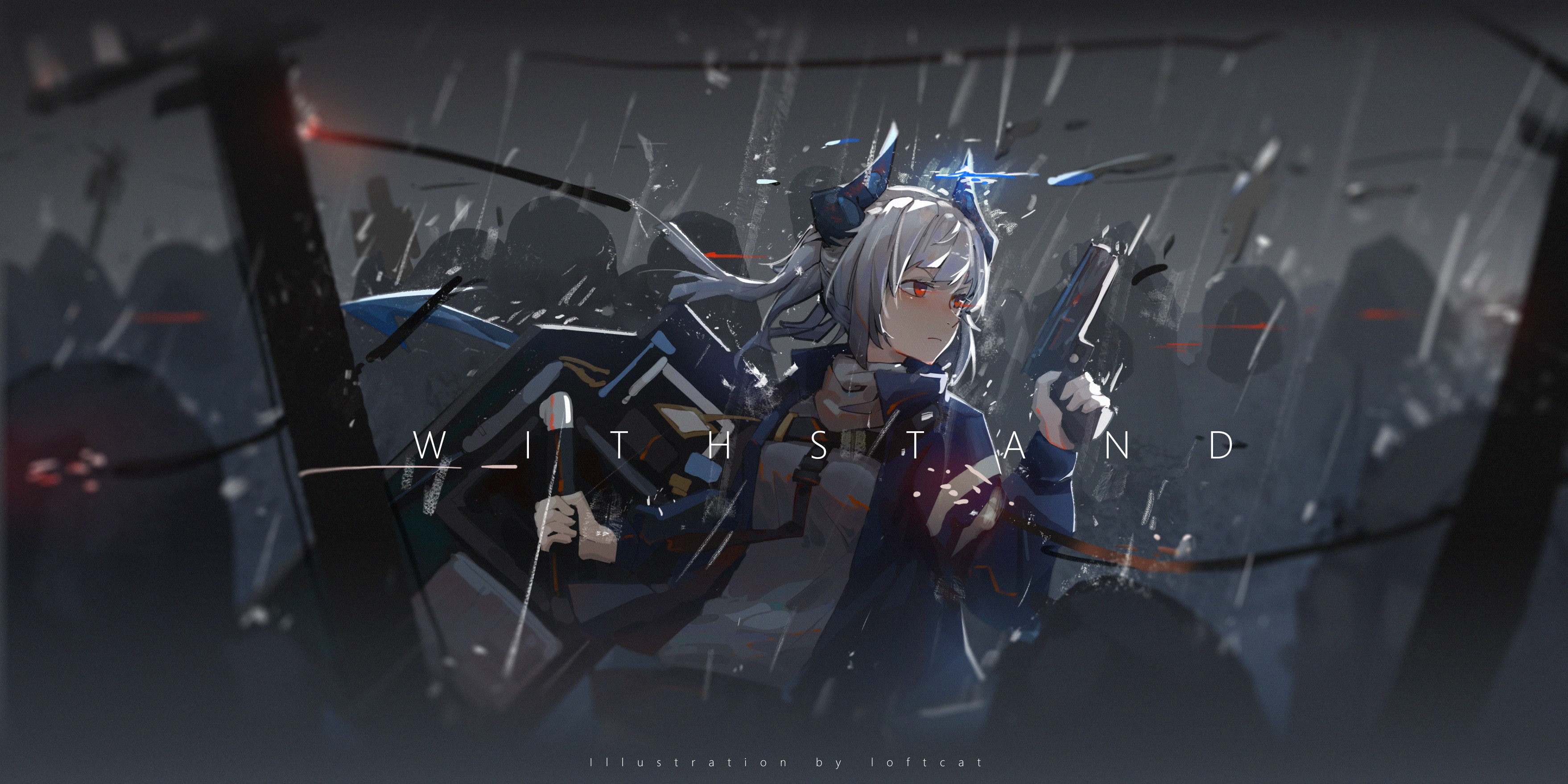 anime girls, video game art, Arknights, orange eyes, gun, gray hair, dragon girl, horns, Loftcat, Liskam (Arknights), shield HD Wallpaper