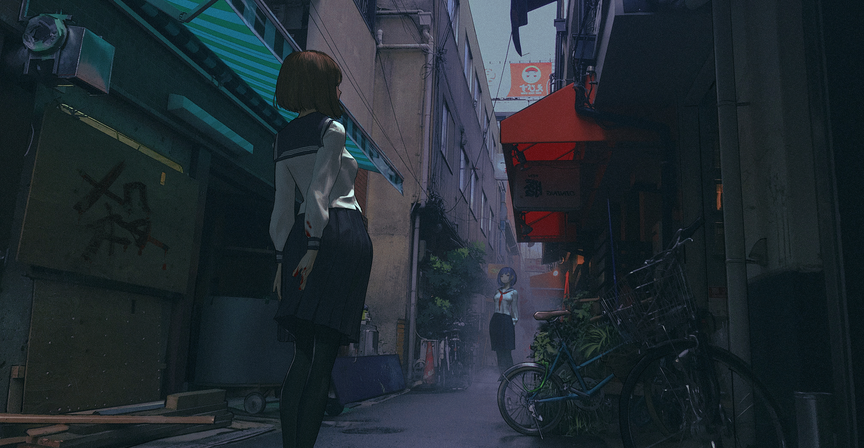 blood, urban, schoolgirl, school uniform, anime, dark, alleyway, anime girls HD Wallpaper