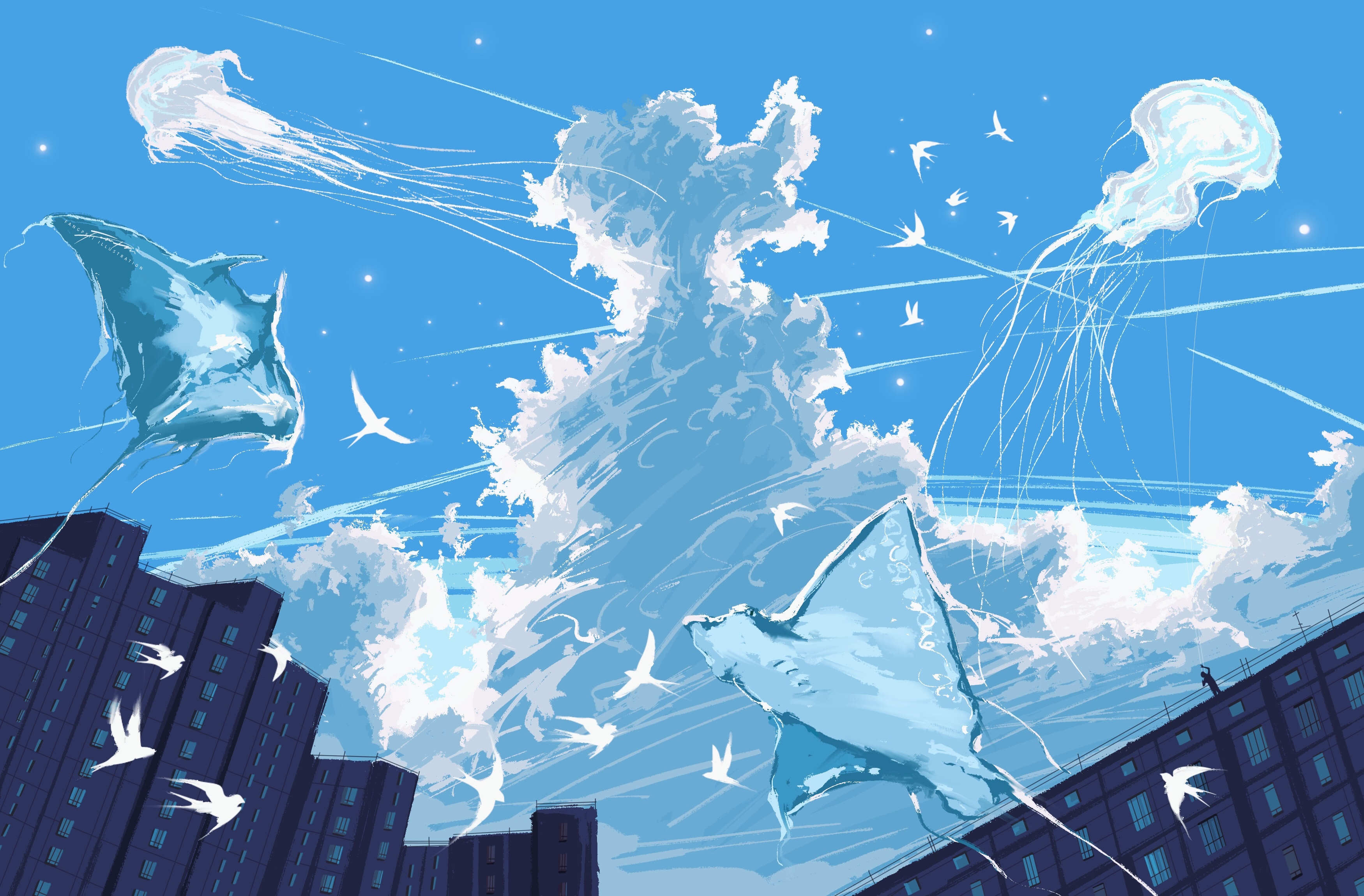 Jellyfish and Manta Rays Flying in the Sky with Birds HD Wallpaper