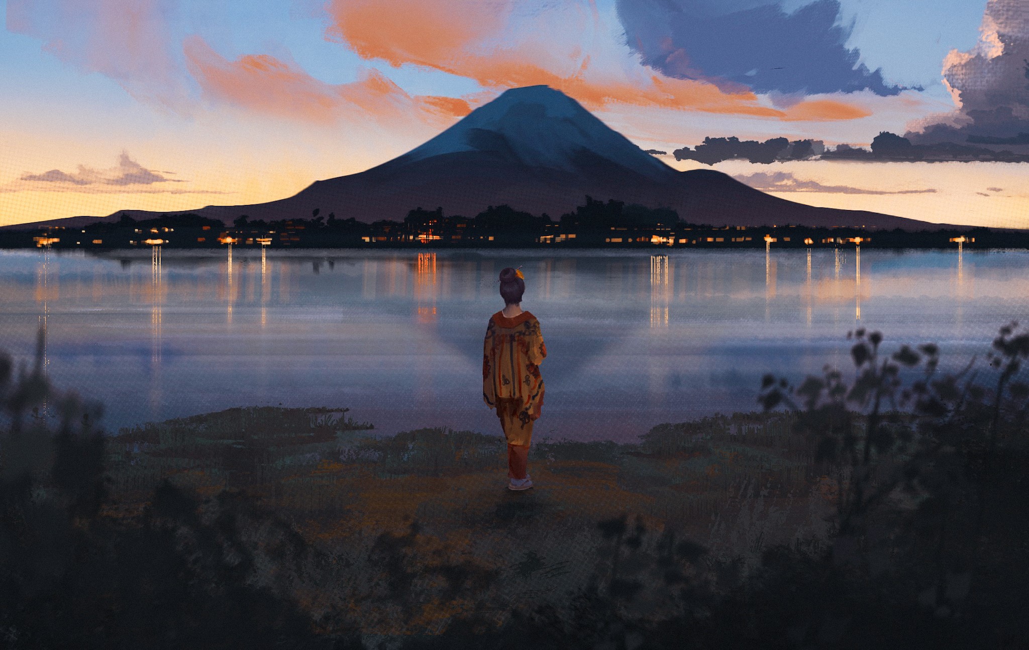 artwork, Japanese clothes, clouds, reflection, Fuji Mountain, landscape, digital art, Surendra Rajawat HD Wallpaper