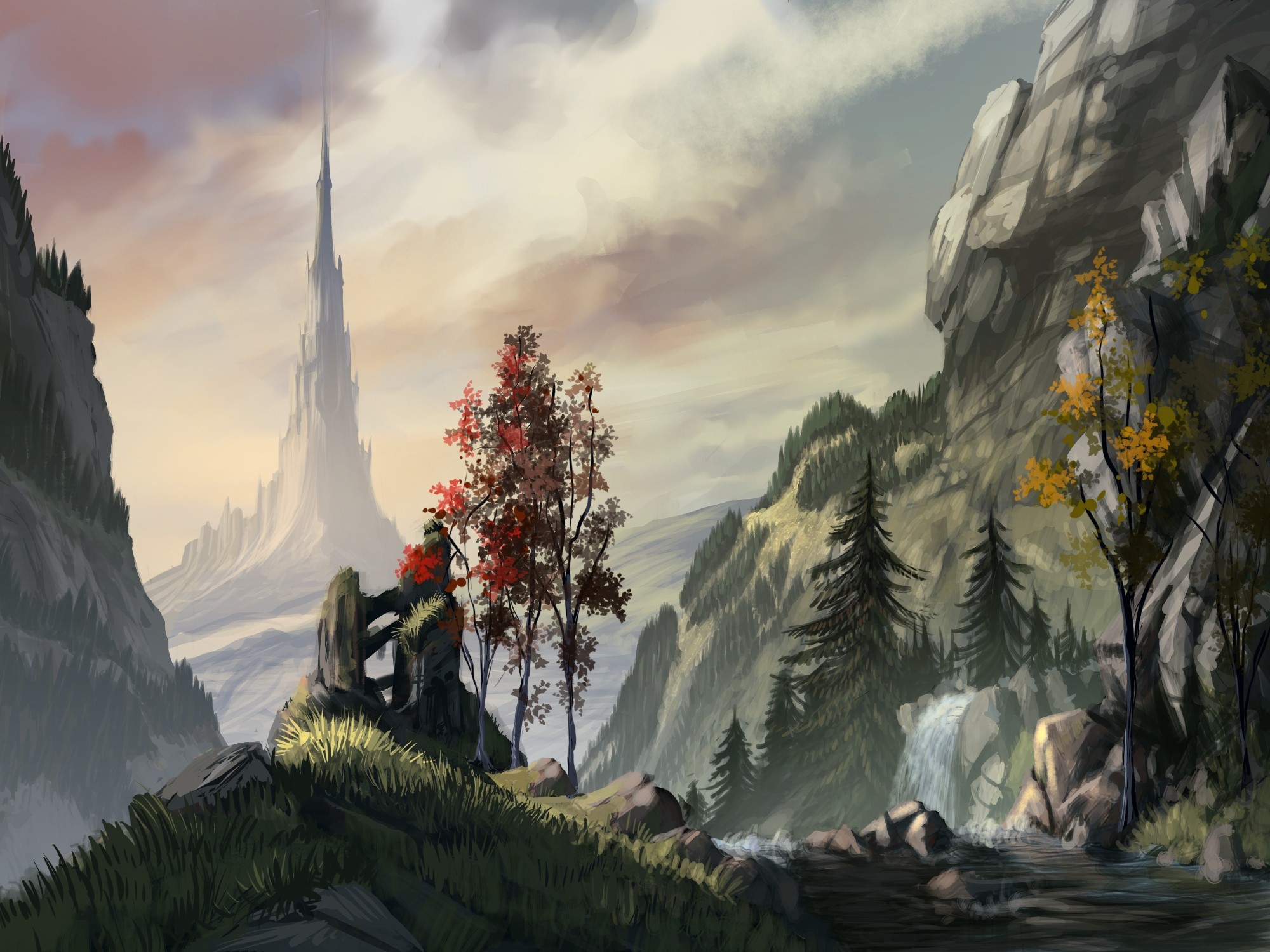 waterfall, mountains, artwork, trees, digital art, Philipp A. Ulrich, old building HD Wallpaper