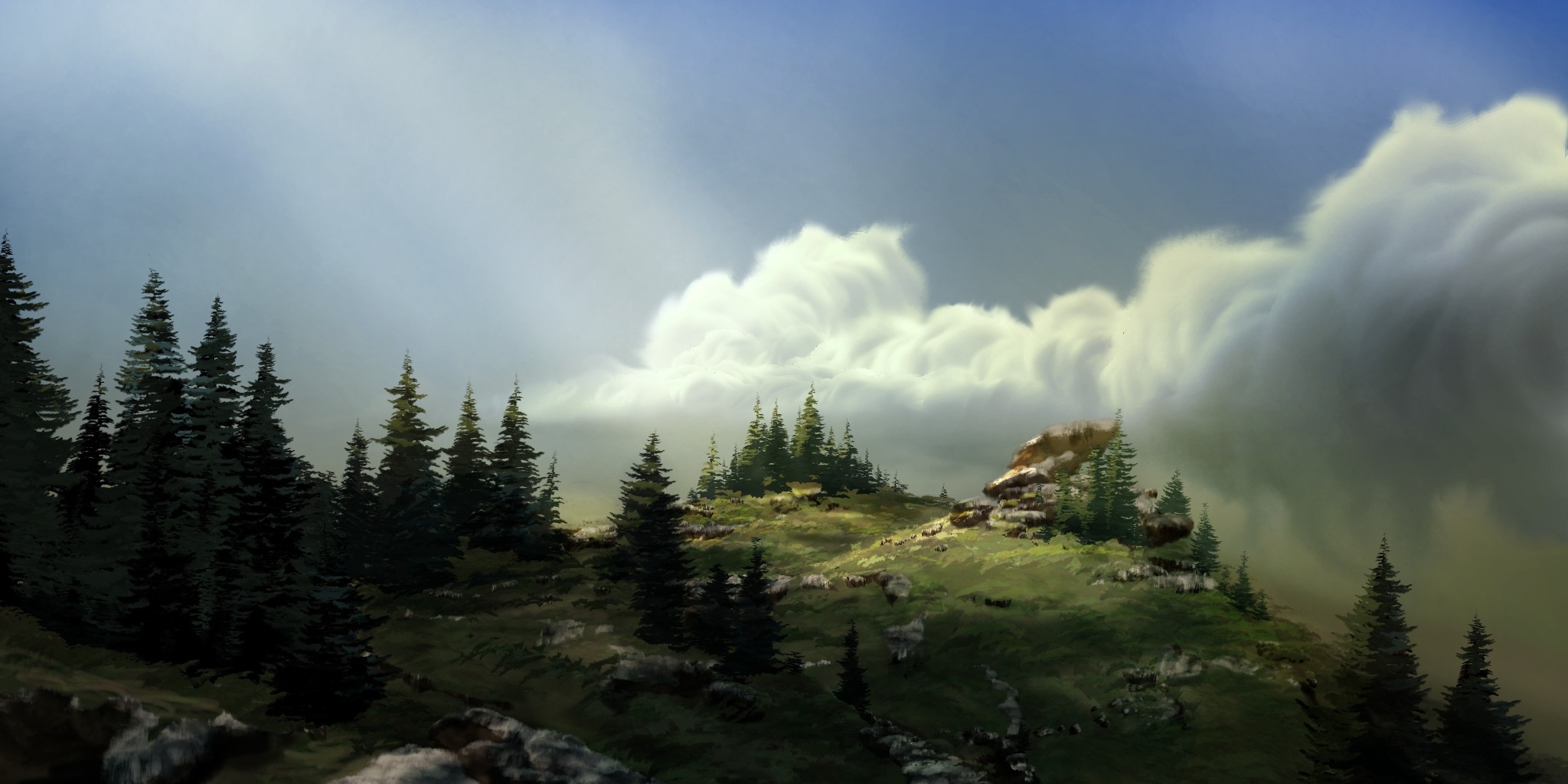 digital art, artwork, rocks, sky, trees, clouds, Philipp A. Ulrich HD Wallpaper