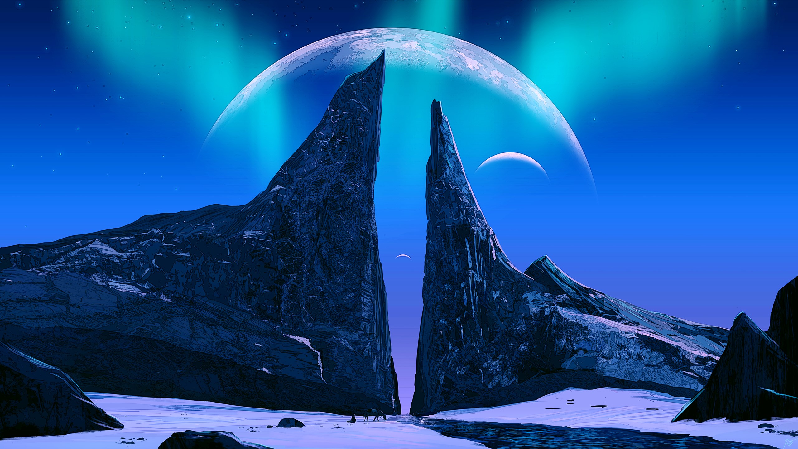 artwork, planet, digital art, sky, aurorae, stars HD Wallpaper
