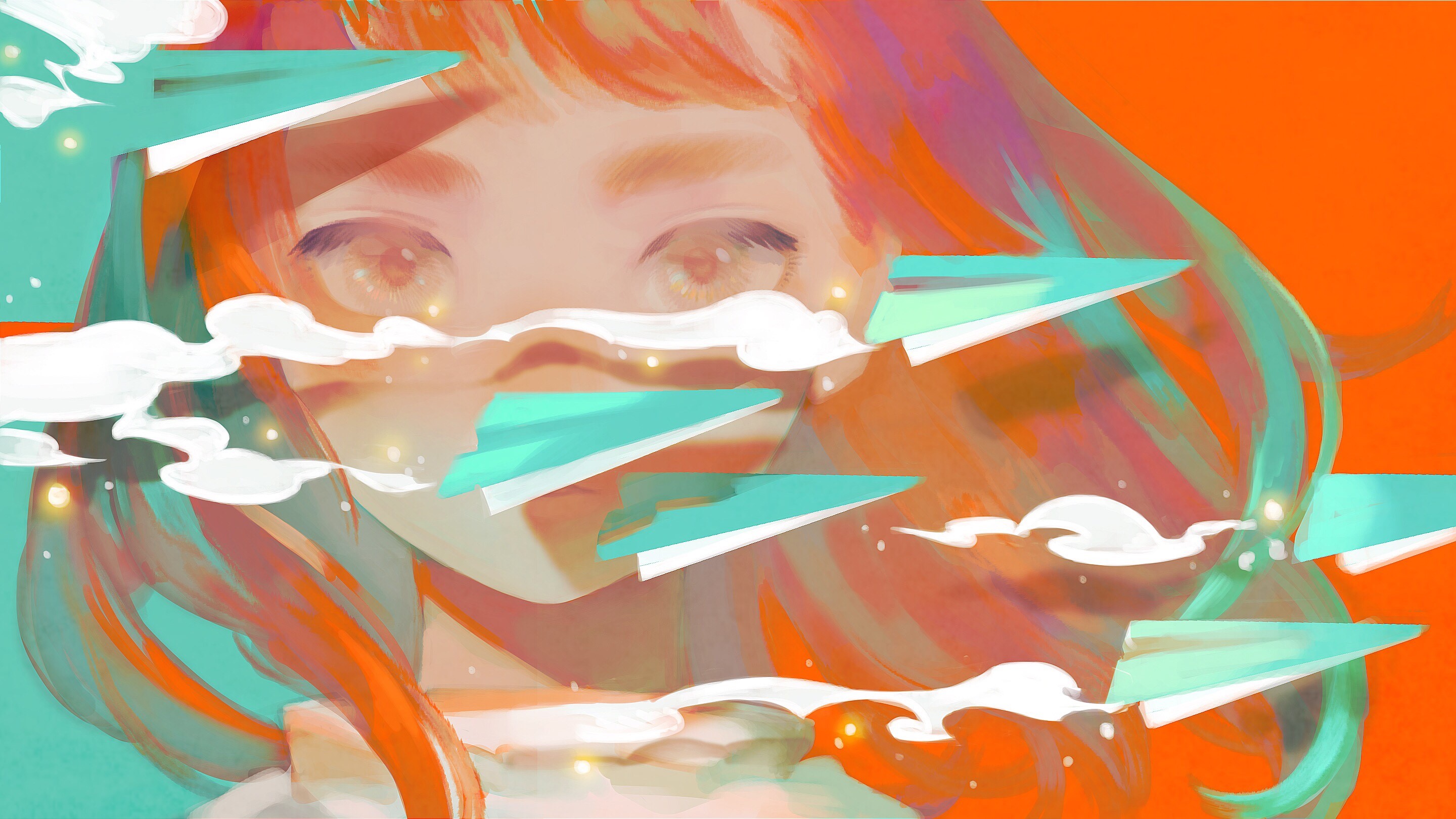 anime, paper planes, multicolored hair, anime girls, long eyelashes, redhead, orange background, long hair, smoke HD Wallpaper