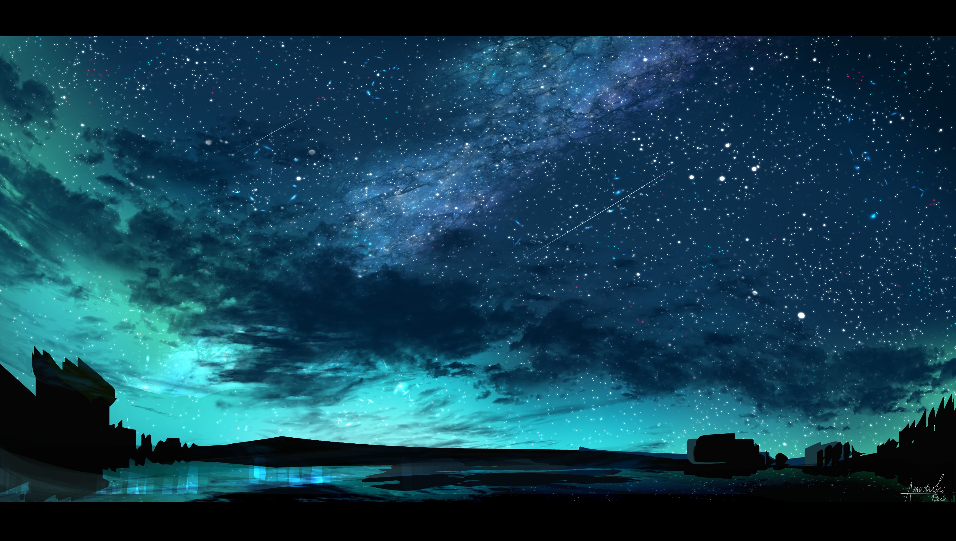 sky, dark, blue, starry night, night, outdoors, artwork, stars HD Wallpaper