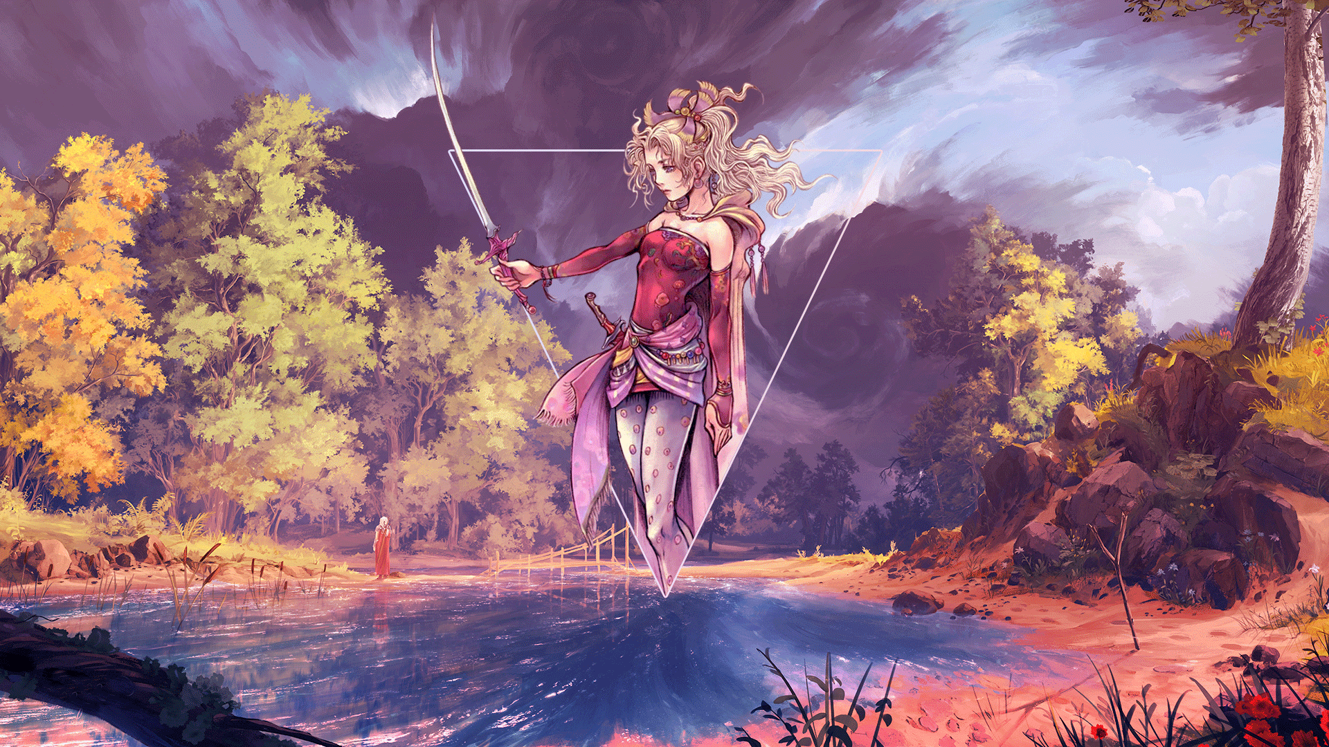 anime girls, sword, Final Fantasy, digital art, Terra Branford, triangle, fantasy girl, Photoshop, metalanguage, women, landscape, fantasy art, abstract, anime, girls with swords, video games, picture-in-picture, blonde HD Wallpaper