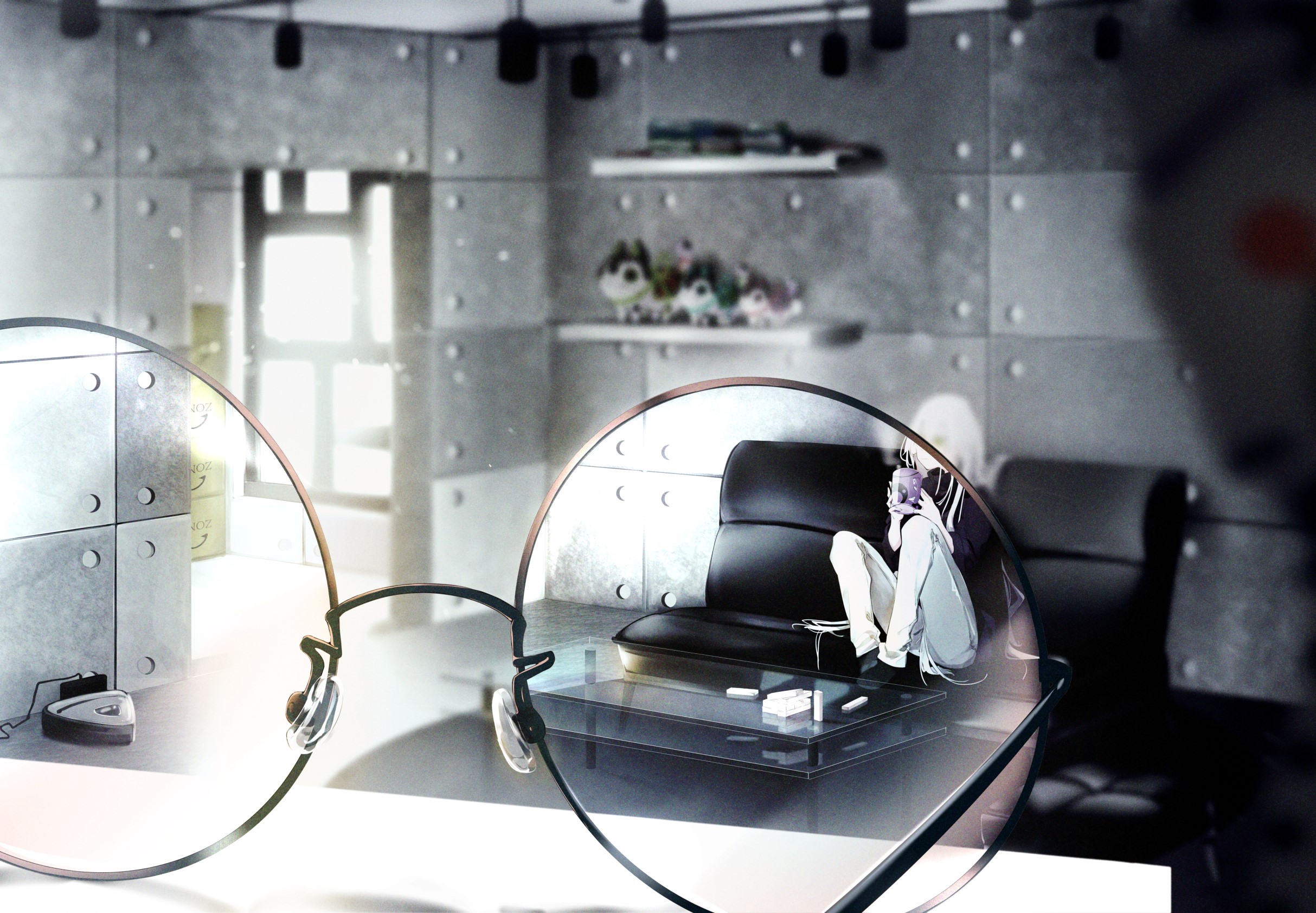 long hair, white hair, glasses, table, depth of field, drinking, Maimuro, anime girls, anime HD Wallpaper