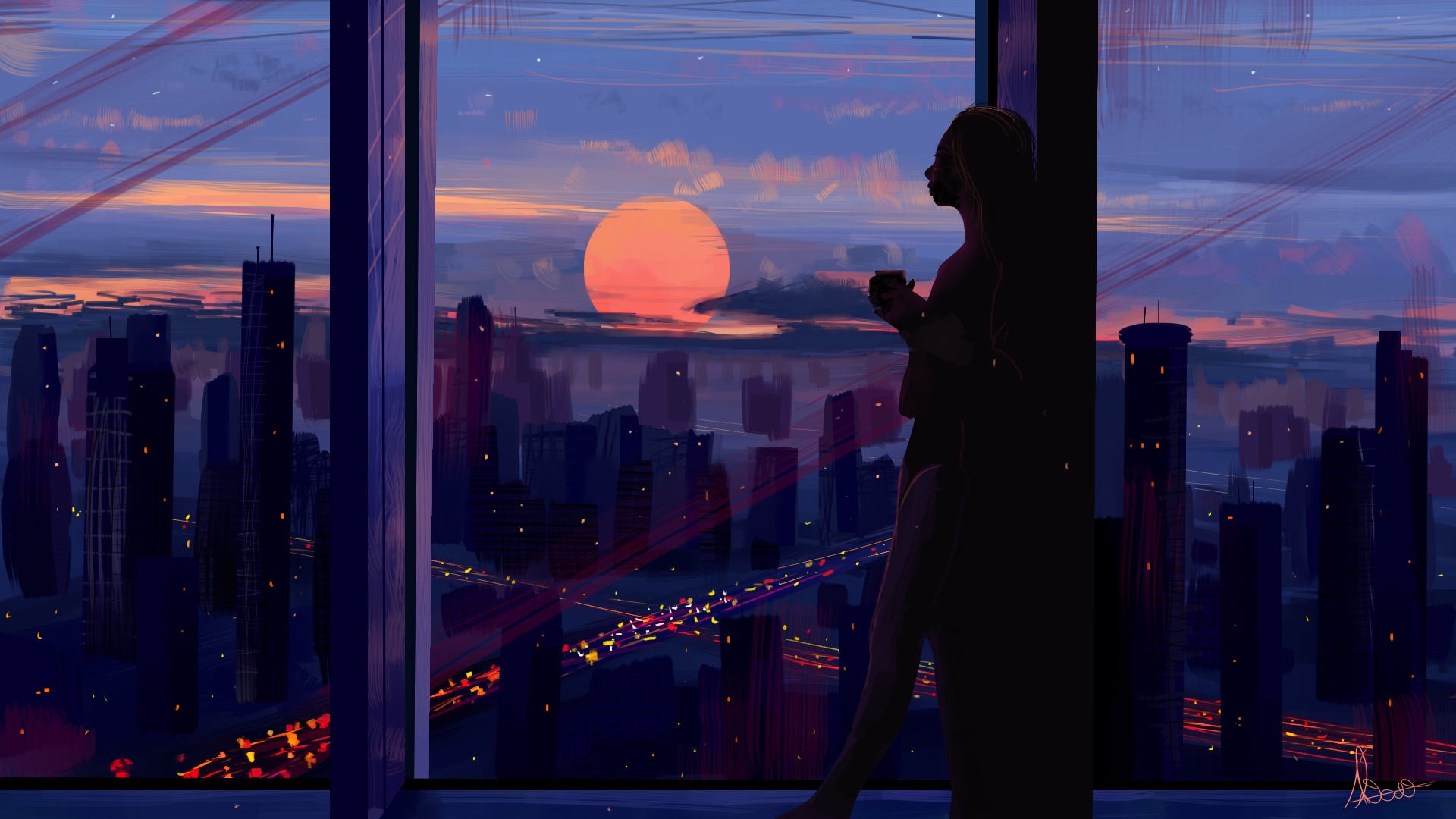 alvaroserpa, coffee, cityscape, digital painting, sunrise, women HD Wallpaper