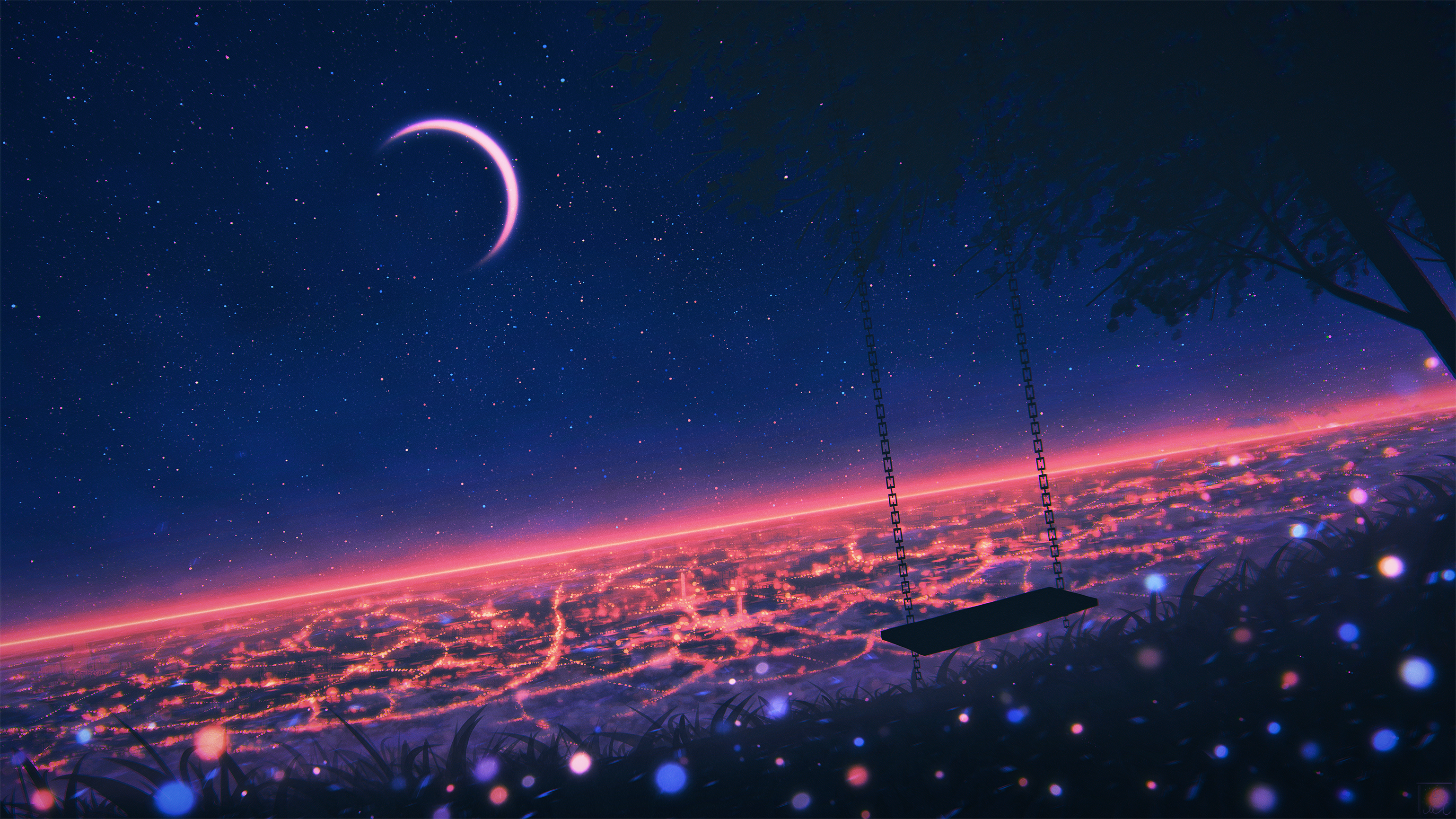 Moon, Elizabeth Miloecute, night, stars, artwork, cityscape, landscape, swings, sky HD Wallpaper