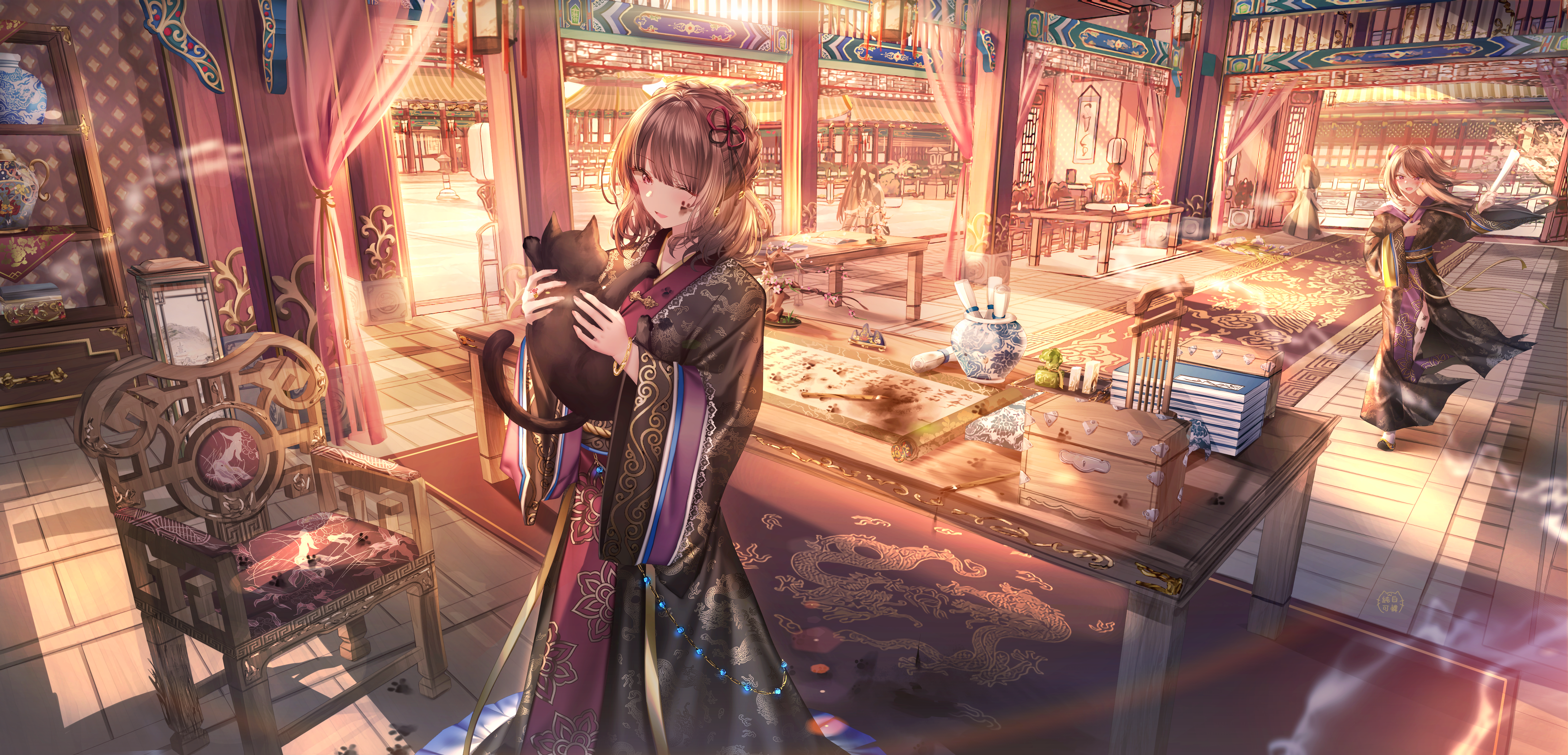 4K, anime, Chinese clothing, junpaku karen, anime girls, cats HD Wallpaper