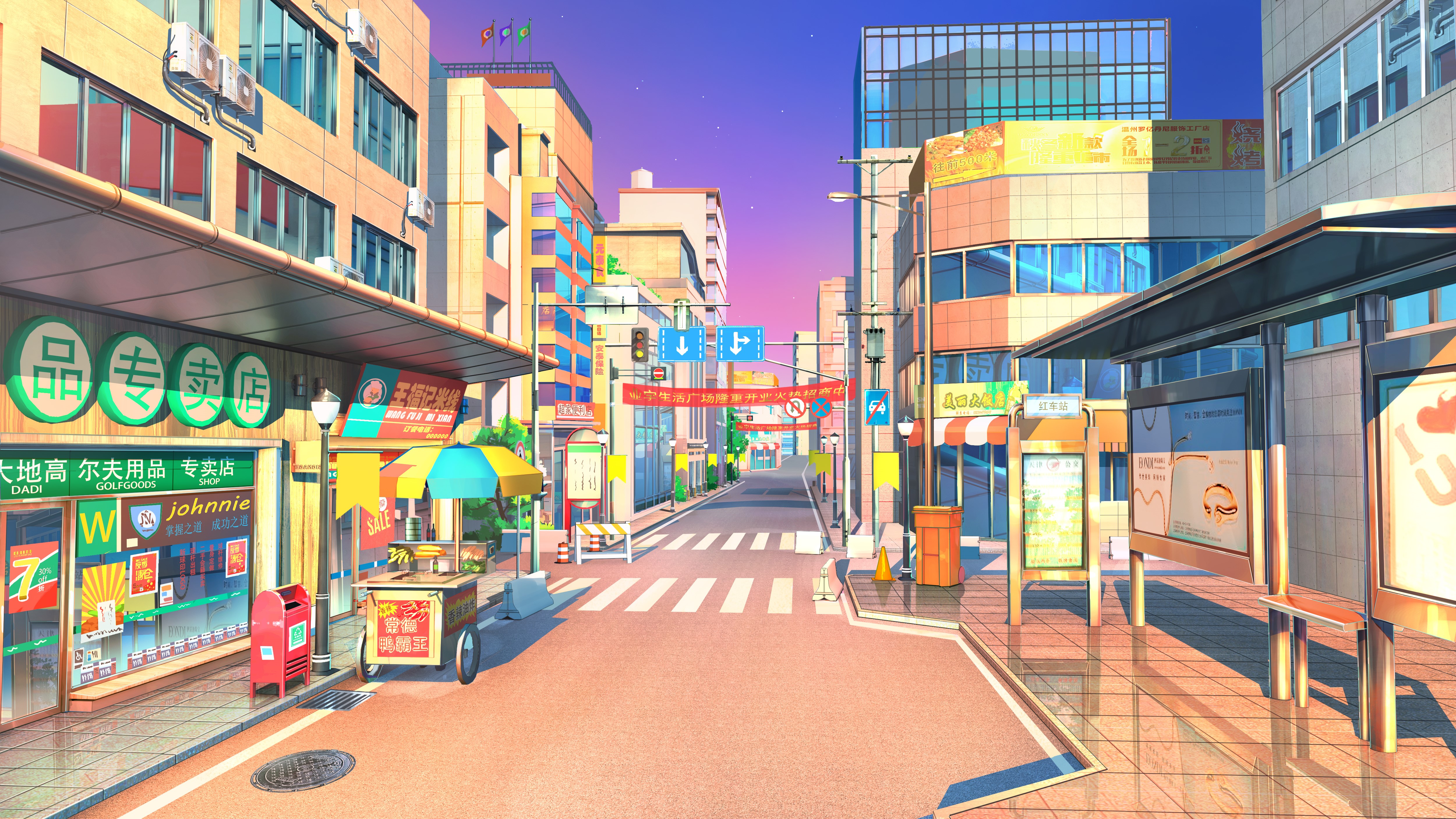 4K, digital art, stores, street, building, artwork, sunset, road HD Wallpaper