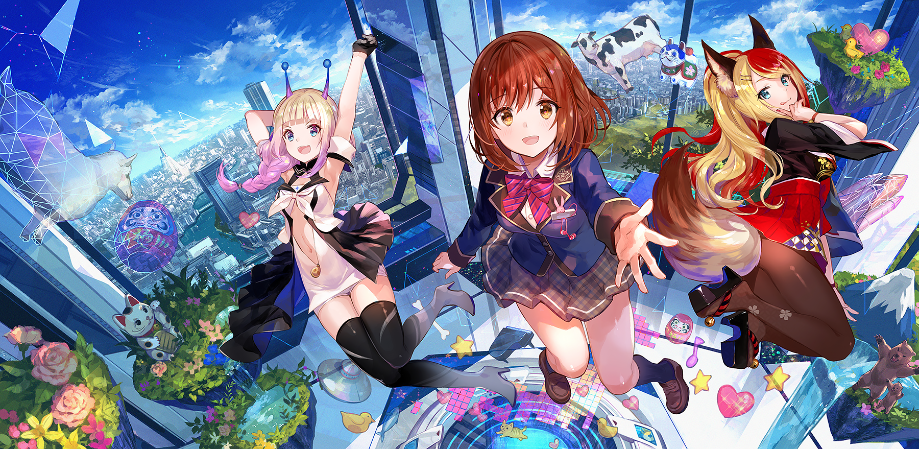Fuji Choko, short hair, dress, fuzichoco, blonde, cow, school uniform, animal ears, anime, tail, brunette, anime girls, pantyhose, cityscape HD Wallpaper