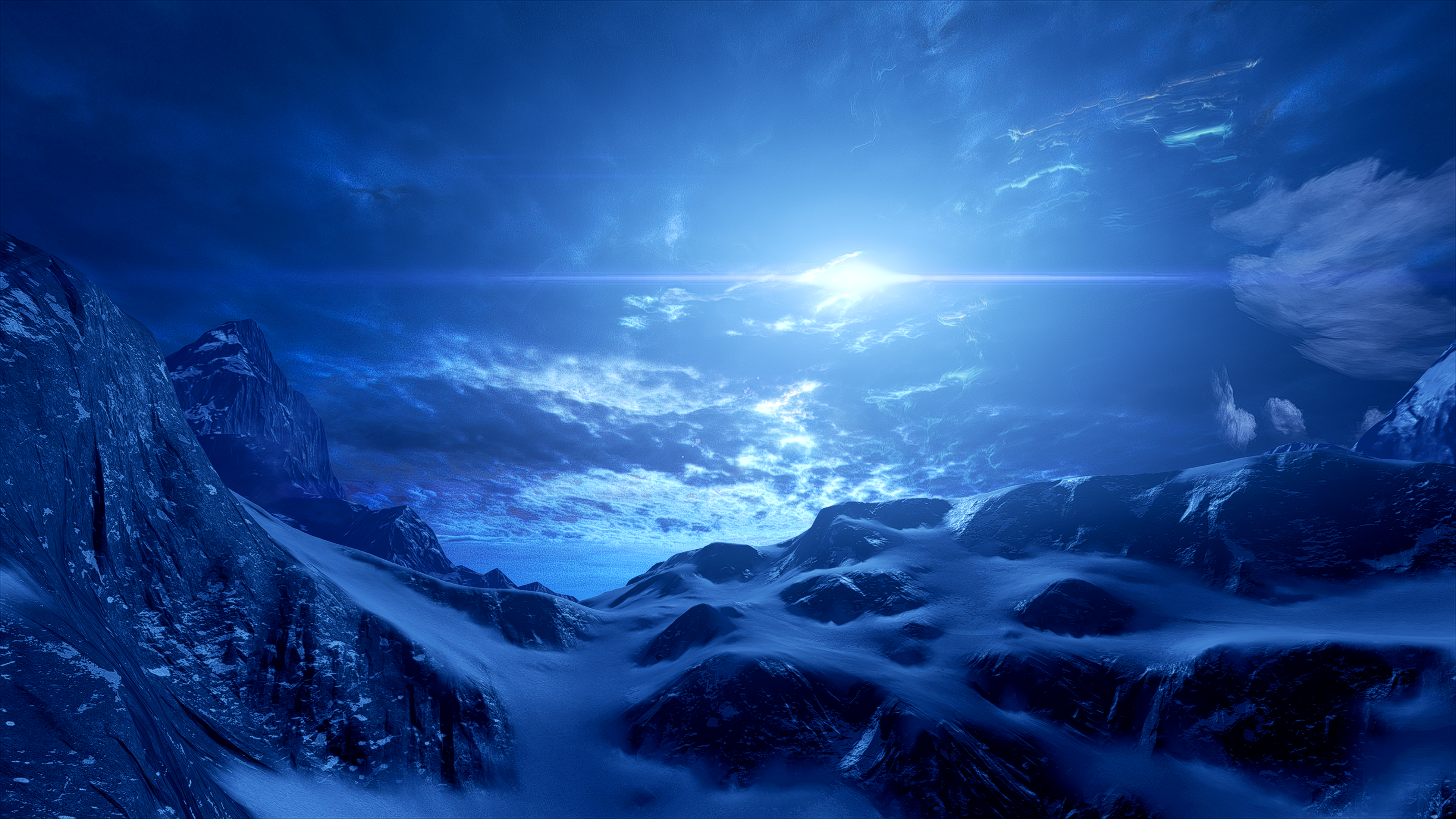 4K, ice, blue, PC gaming, mountains, science fiction, video games, sky, Sun, rocks, landscape, Mass Effect: Andromeda, space, snow, cold, clouds HD Wallpaper