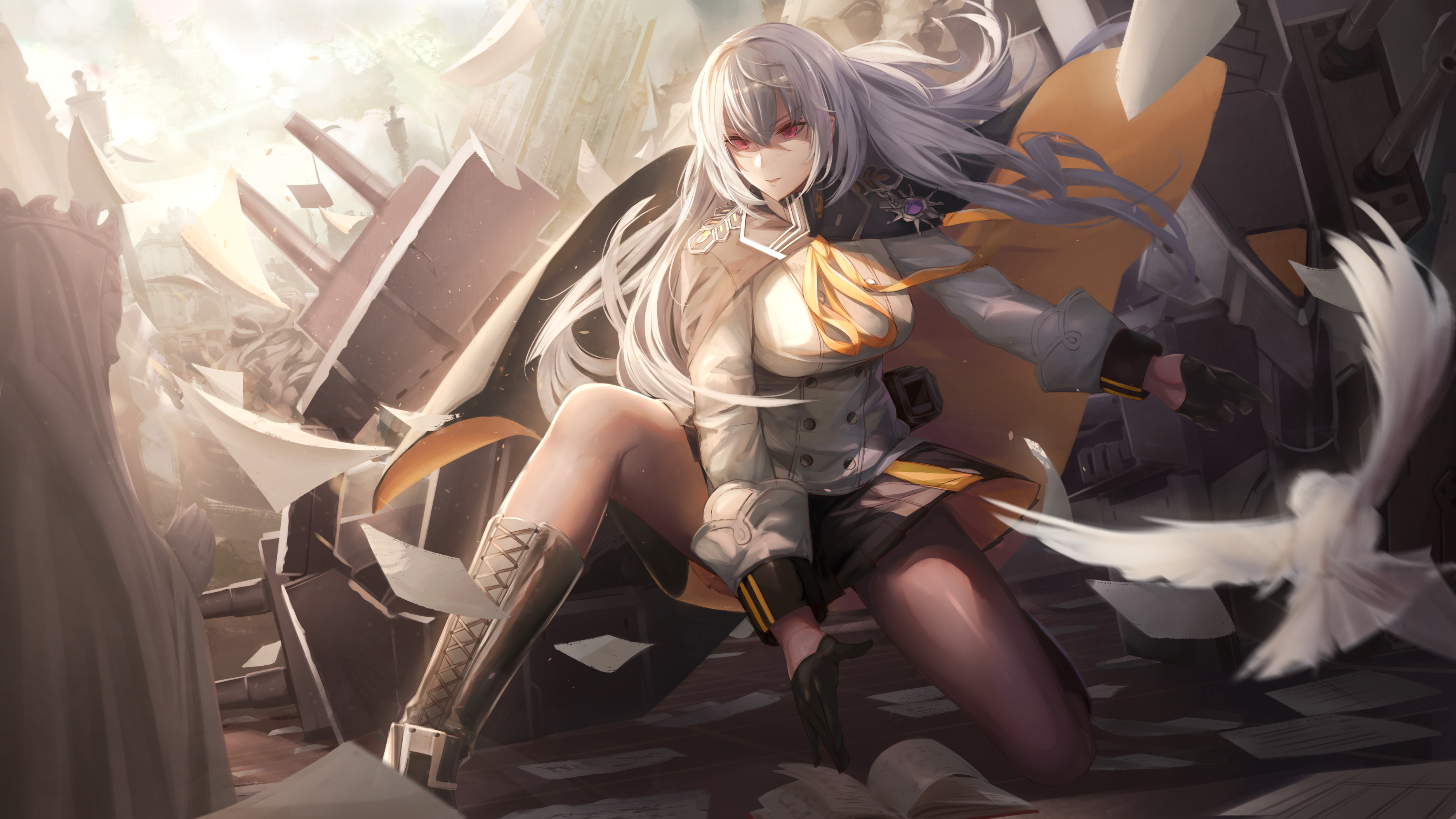 silver hair, uniform, anime, red eyes, anime girls HD Wallpaper