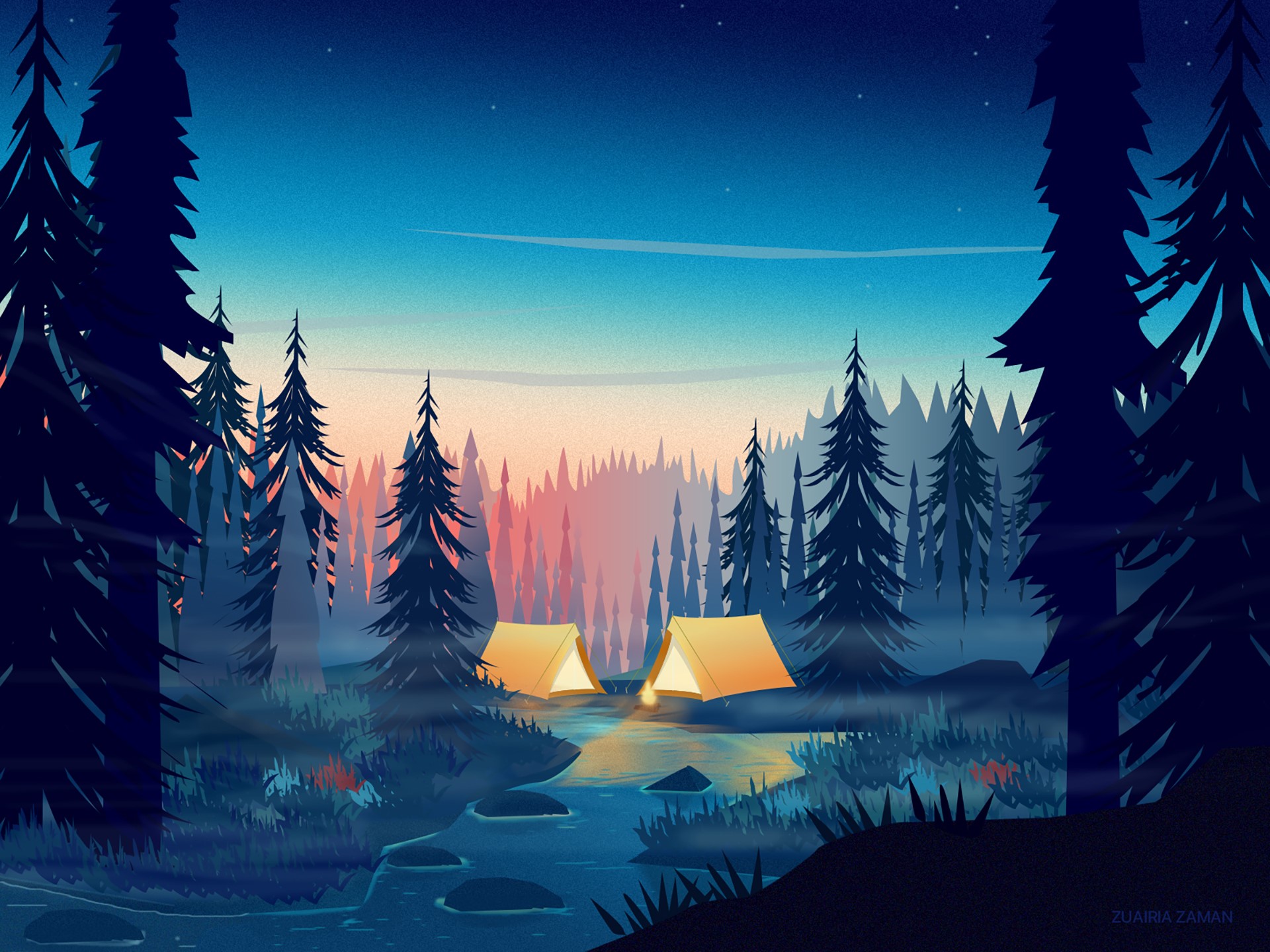 landscape, mist, tent, trees, digital art, illusion, camping HD Wallpaper