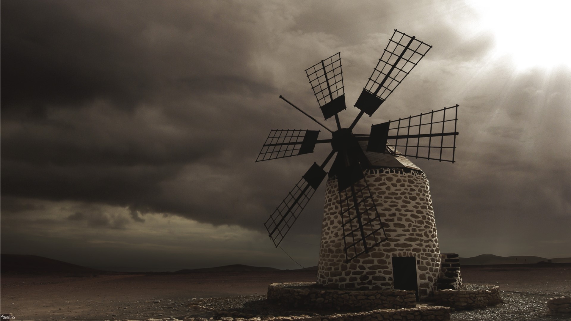 overcast, sepia, kaslito, Fuerteventura, windmill, Canary Islands HD Wallpaper