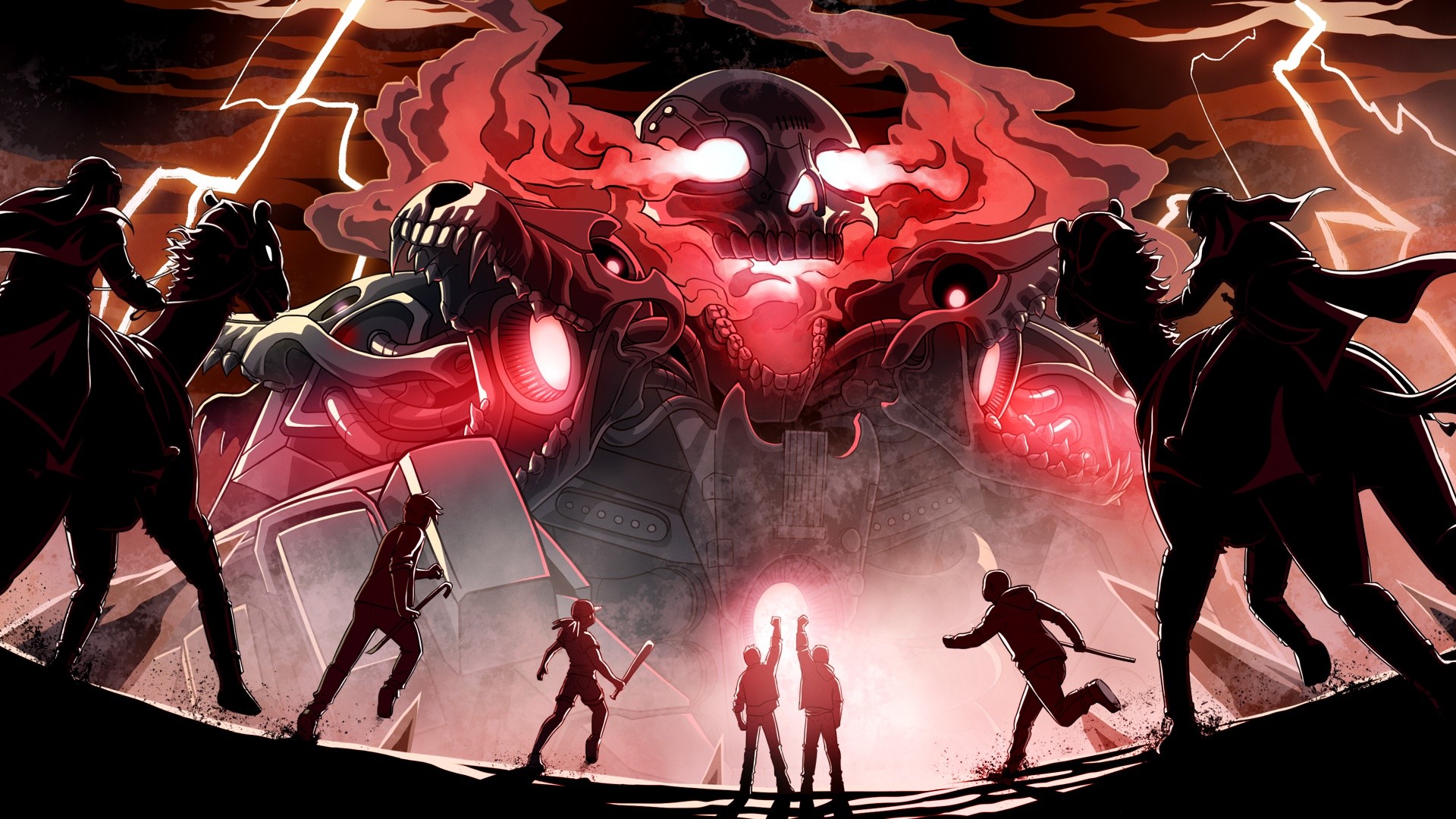 GameShrimp, Monstercat, mech, skull, Thunderbolt, desert, people HD Wallpaper