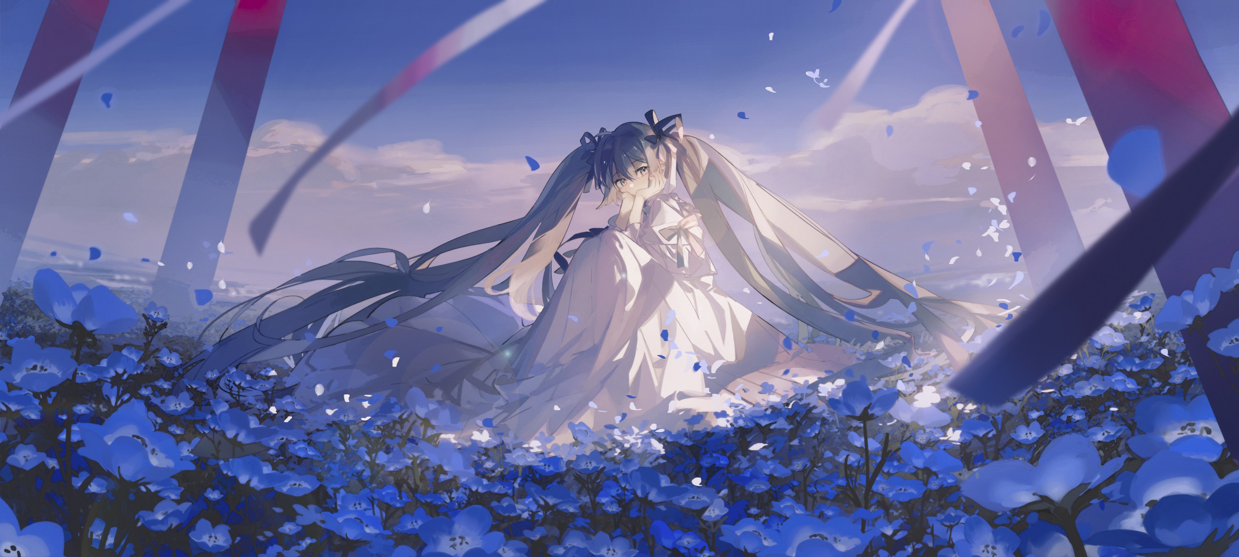 4K, Vocaloid, flowers, Nochek, ribbons, anime, petals, anime girls, Hatsune Miku HD Wallpaper