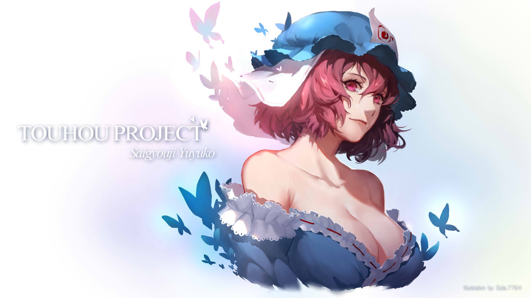 hat, Touhou, pink eyes, anime, women, cleavage, Saigyouji Yuyuko, sola7764, bare shoulders, anime girls, redhead HD Wallpaper