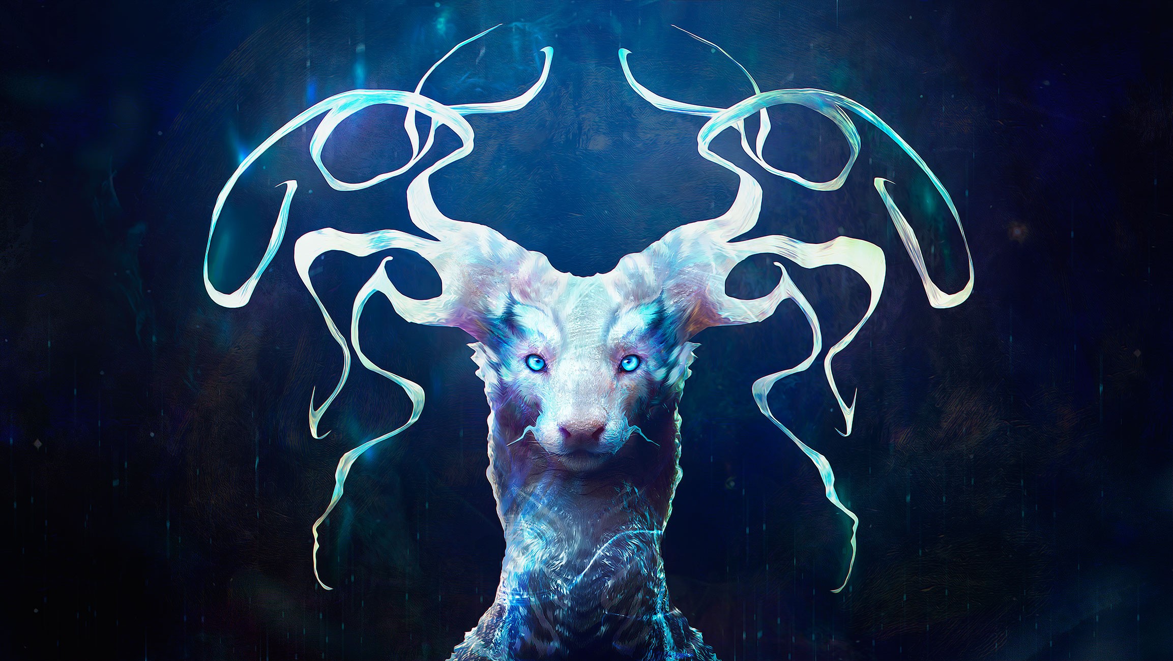 ArtStation, blue eyes, Katinka Thorondor, looking at viewer, horns, frontal view, digital painting, deer, artwork, blue, digital art HD Wallpaper