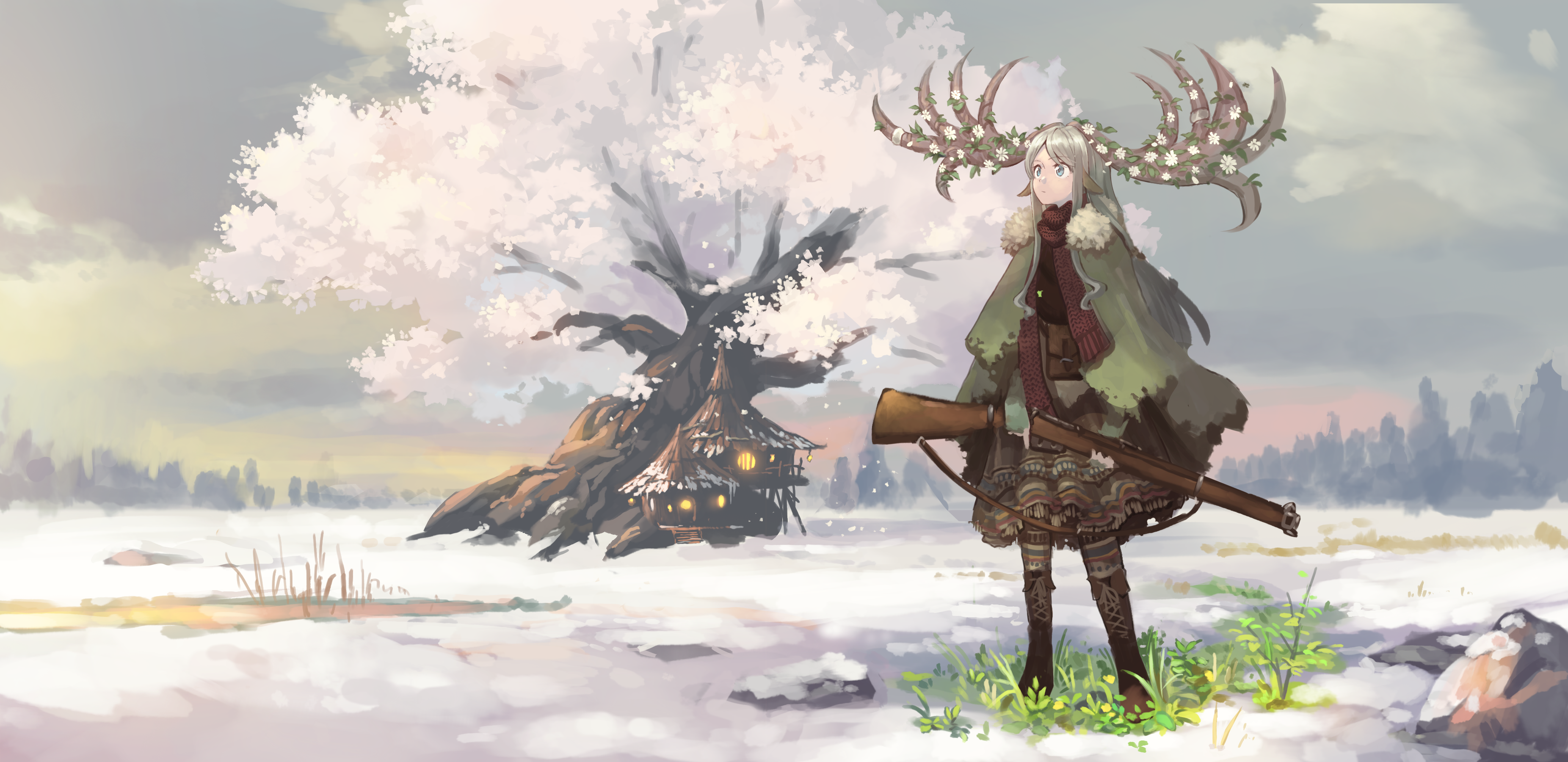 rocks, blonde, gun, long hair, winter, anime girls, anime, horns, trees, snow, scarf, dress, clouds, grass, blue eyes HD Wallpaper
