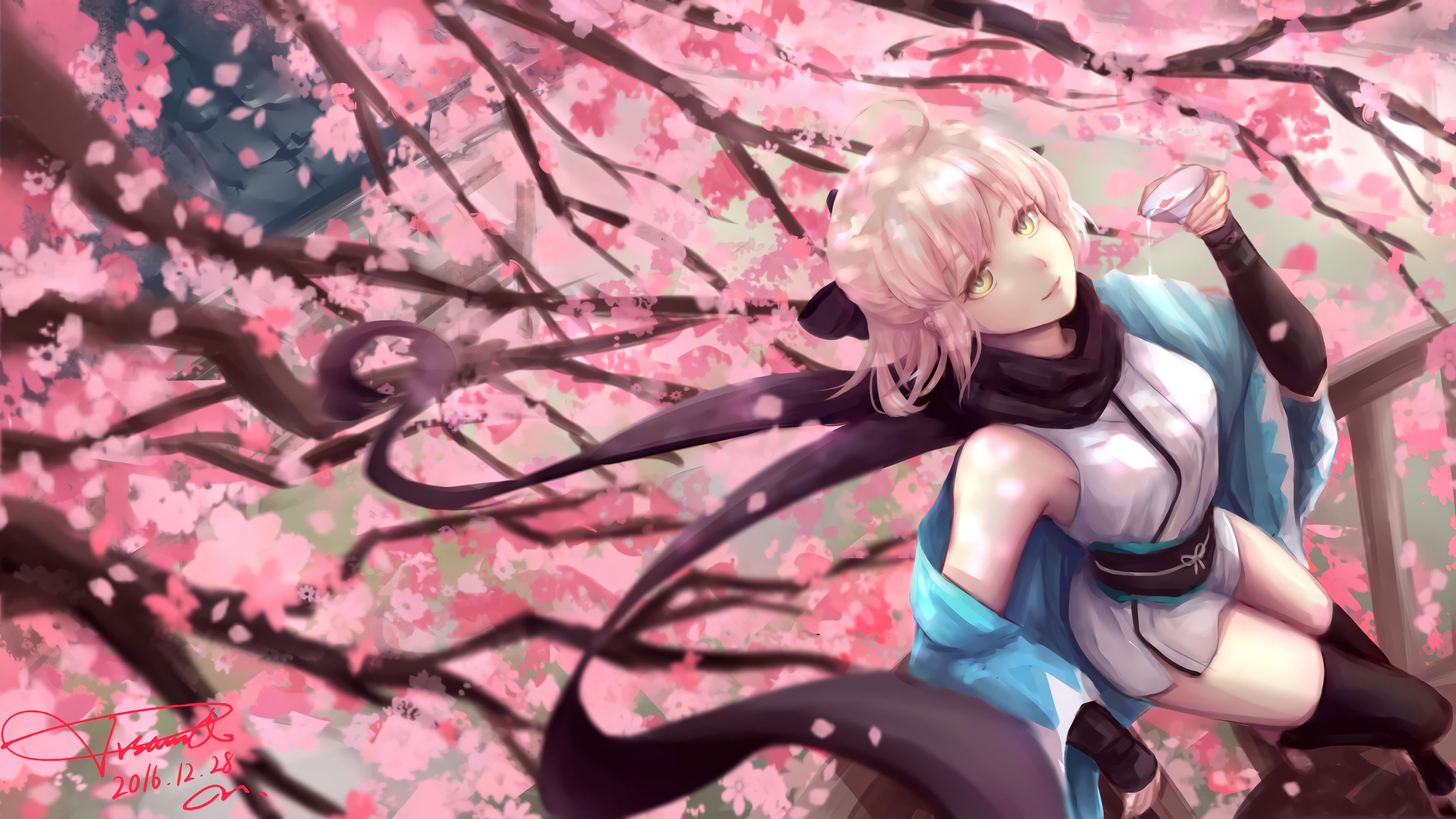 Fate Series, Fate/Grand Order, anime girls, cherry blossom, anime, scarf, Okita Souji, Japanese clothes HD Wallpaper