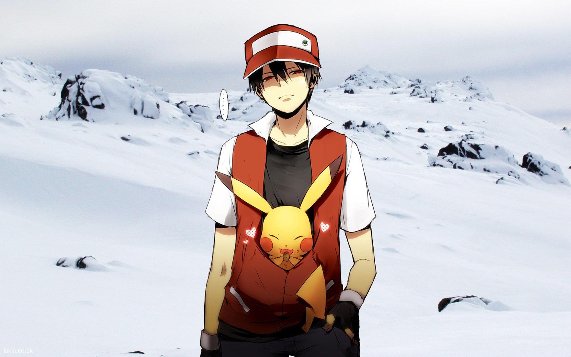 Ash Ketchum, Pokémon, red eyes, anime boys, Pikachu, hat, Red (character), anime, looking at viewer HD Wallpaper