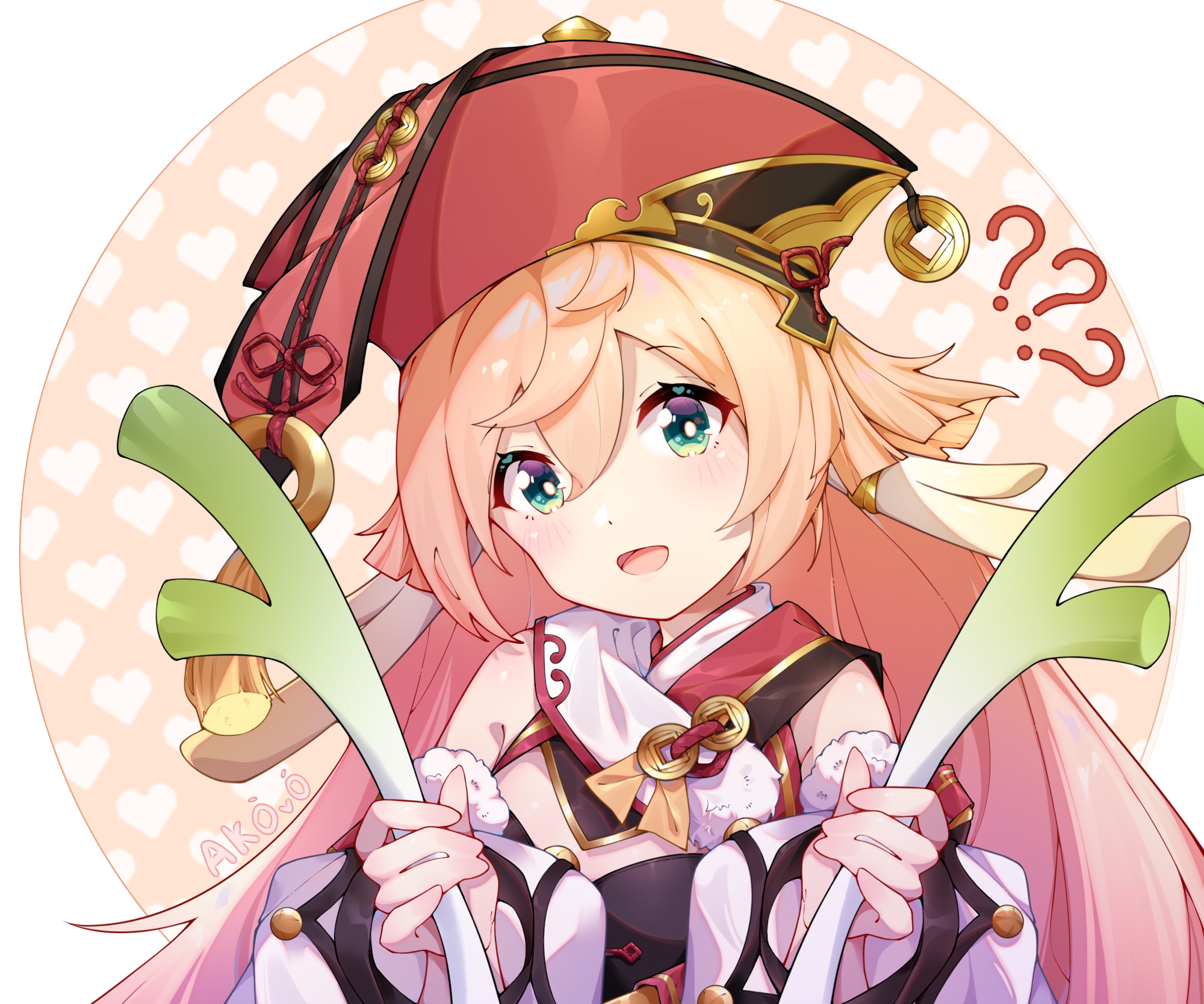 Yanfei holding green onions with question marks HD Wallpaper