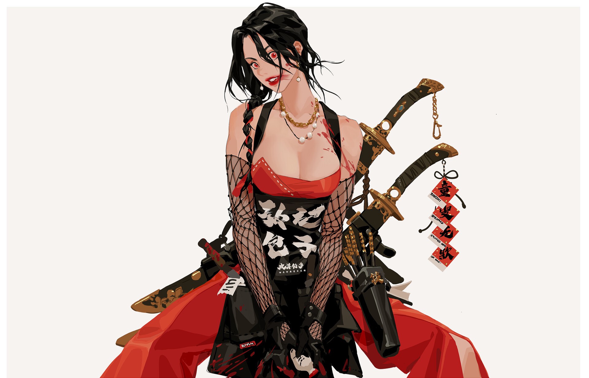 white background, RC Yang0525, women, red lipstick, girls with swords, artwork, simple background, red eyes, lipstick, dark hair HD Wallpaper
