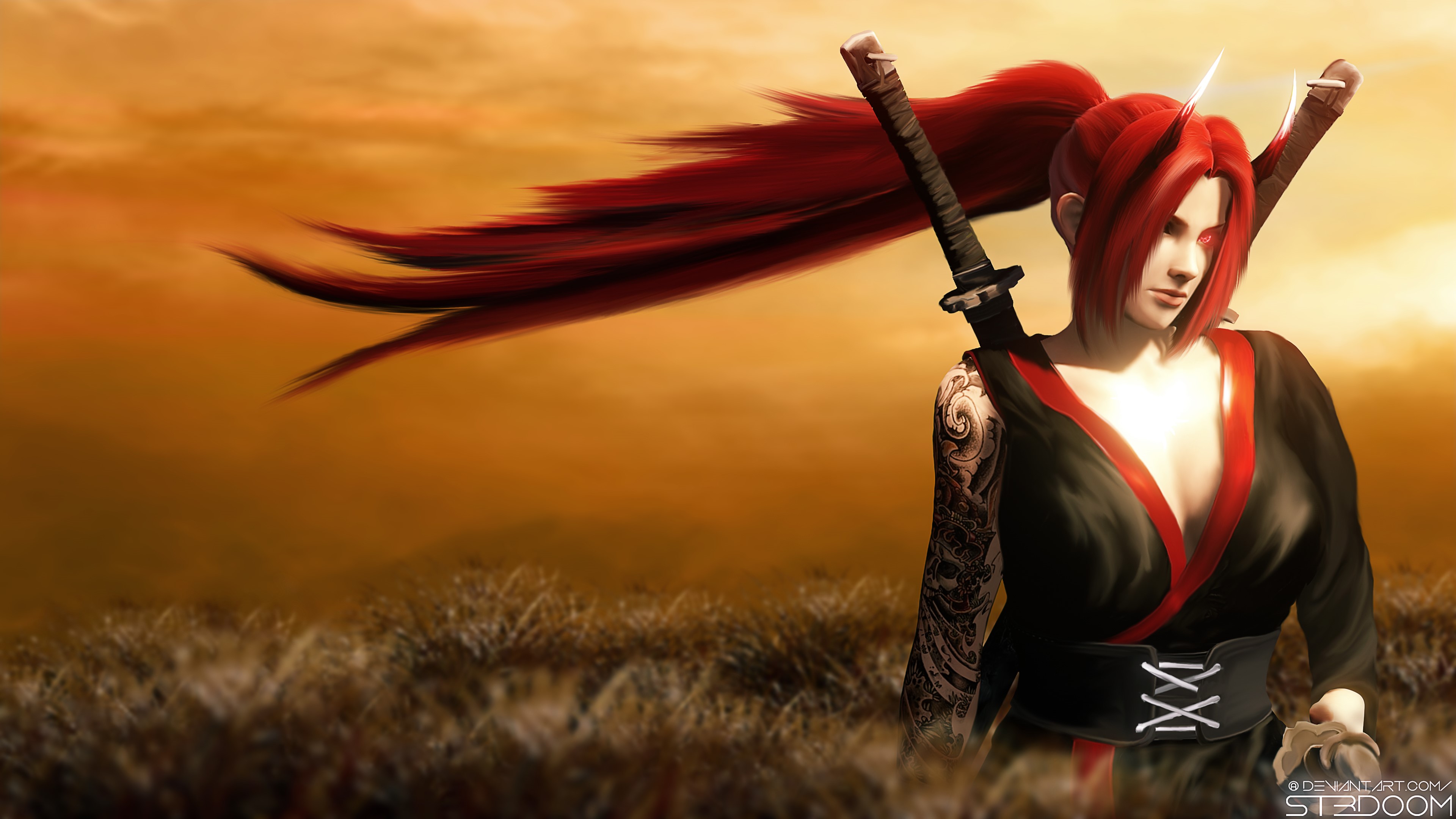 4K, original characters, digital art, fantasy warrior, ST3DOOM, katana, women HD Wallpaper