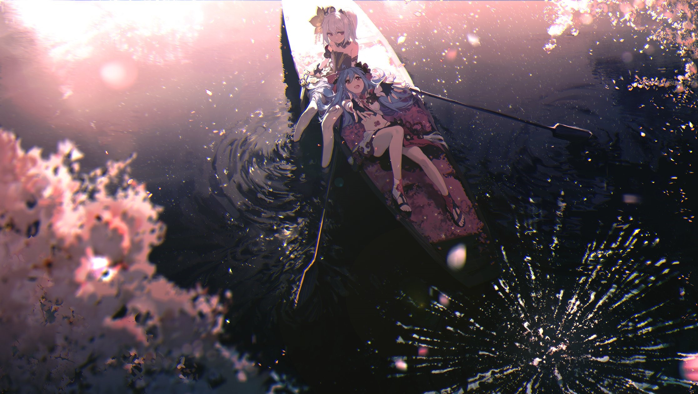 sakura (tree), water, blue hair, fireworks, Bilibili Douga, red eyes, flower in hair, short hair, smiling, bilibili, petals, boat, anime girls, rella, long hair, anime, blonde, gloves HD Wallpaper