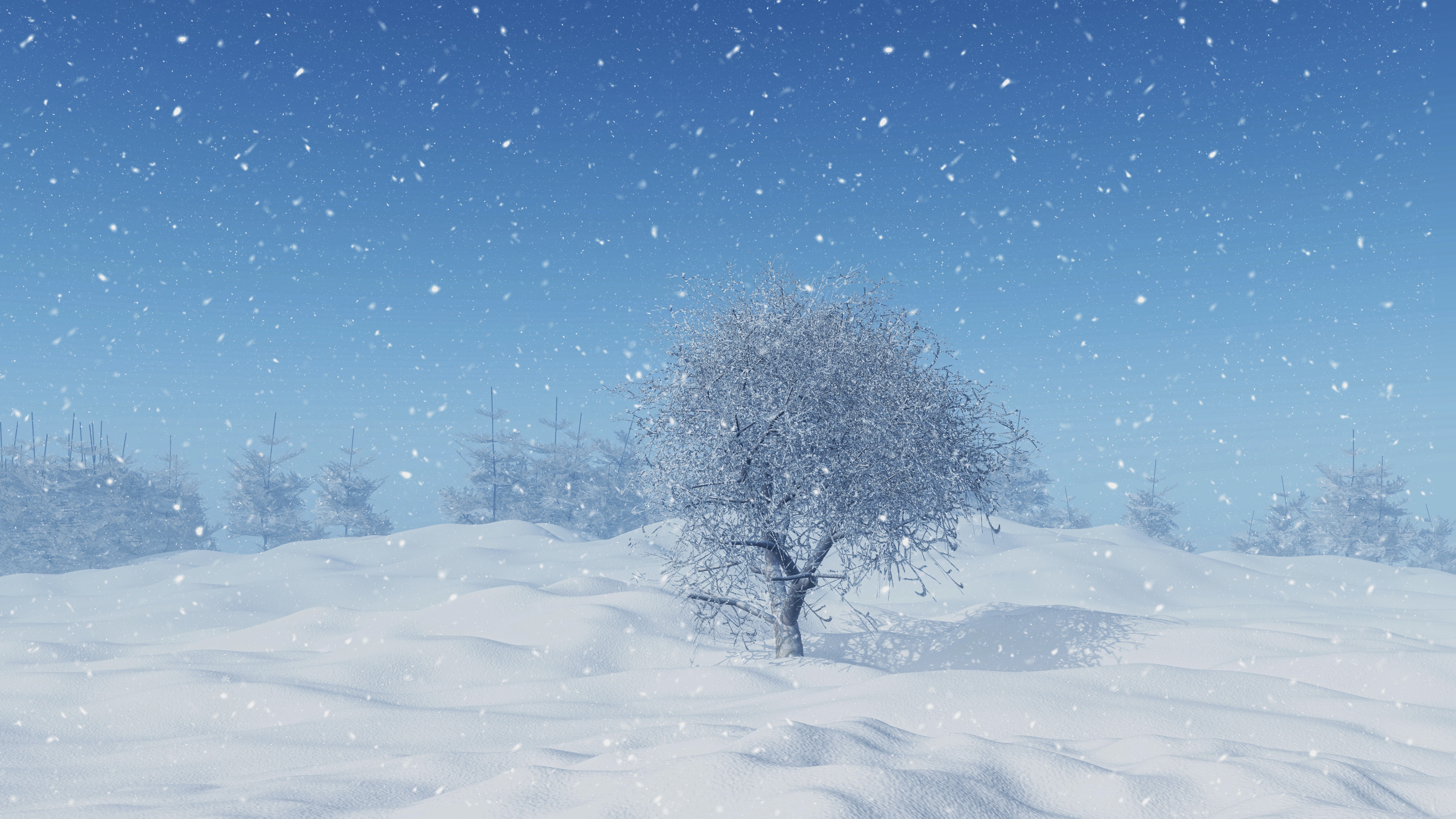 4K, trees, landscape, CGI, winter, snowing, nature, snow, pine trees HD Wallpaper