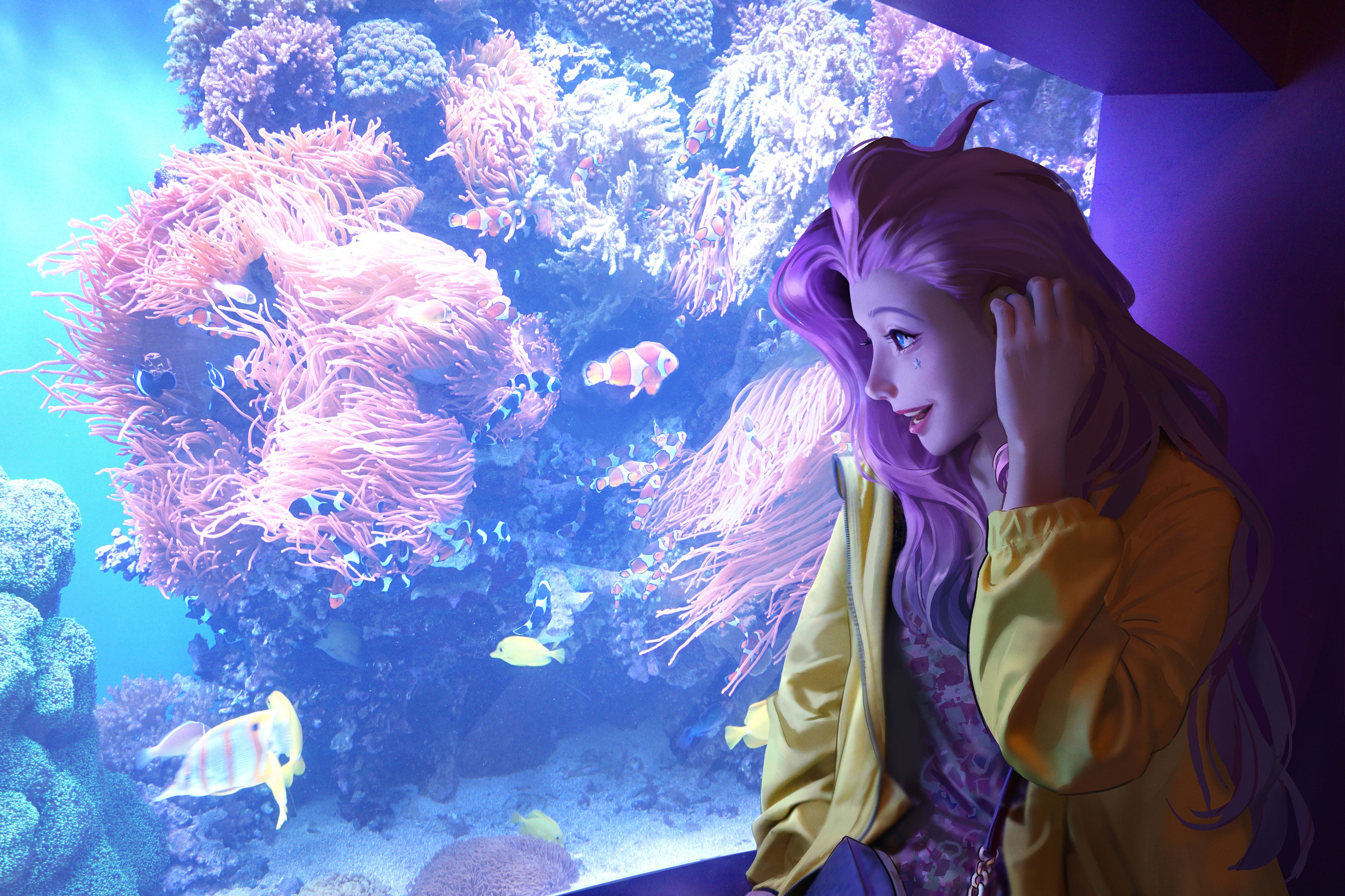 4K, Kudos Productions, underwater, happy, women, digital art, dyed hair, purple hair, fictional character, KDA, long hair, League of Legends, fish, animals, Seraphine HD Wallpaper