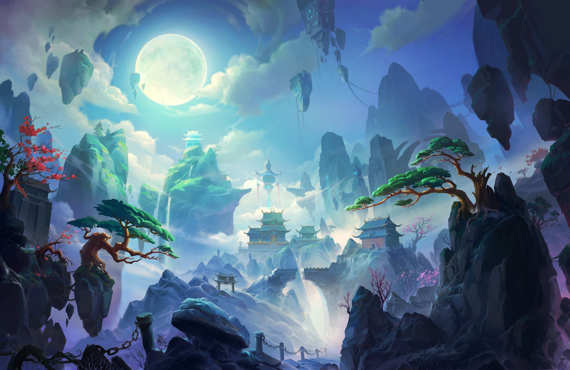 Asian architecture, pagoda, MH C, banzai trees, landscape, moonlight, arch, fantasy architecture, digital art HD Wallpaper